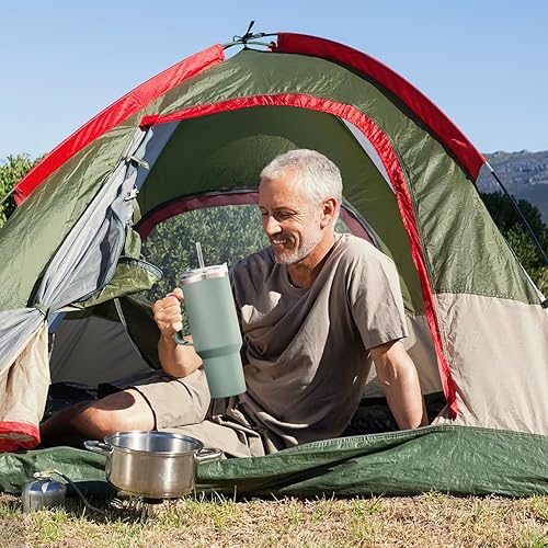 Miniatura 7 de Vaso de 40 onzas con asa y tapa con pajilla, tapa 2 en 1 (con pajilla  abatible), vaso de viaje de acero inoxidable con aislamiento al vacío para