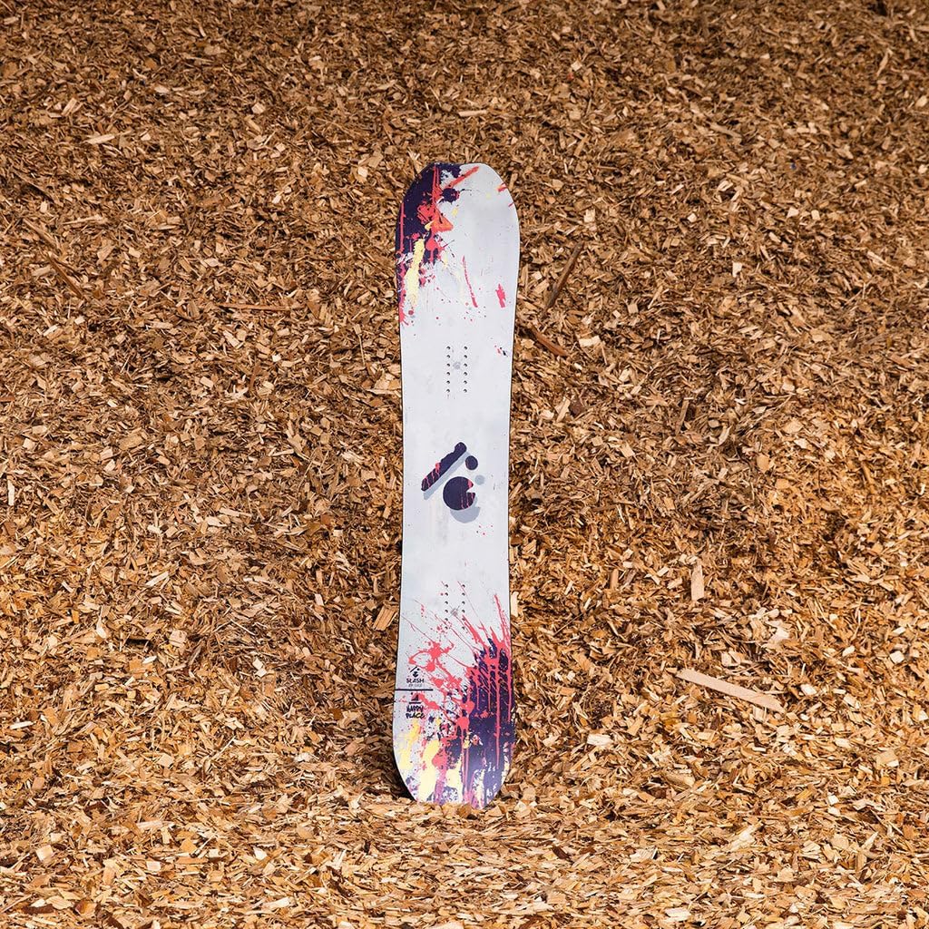 Slash by Gigi, Happy Place Snowboard, Carbonbon, Bi-Ax Fiberglass, Pop Woodcore, Sintered Base 7500, Belt Finish, Impact Dampening, Steel Edges, Factory Waxed, Tip Protectors, Kickstand