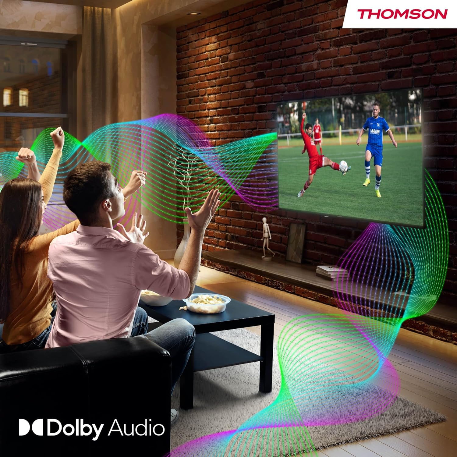 People watching THOMSON Google TV with visual representation of Dolby Audio sound waves.