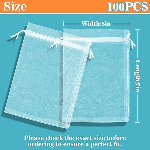 Miniatura 2 de Sukh 100pcs Organza Bags 5''x7'' - White Sheer Mesh Drawstring Bags for Jewelry, Soap, Fruits, Candy, Small Gift Bags for Weddings, Valentine's Day
