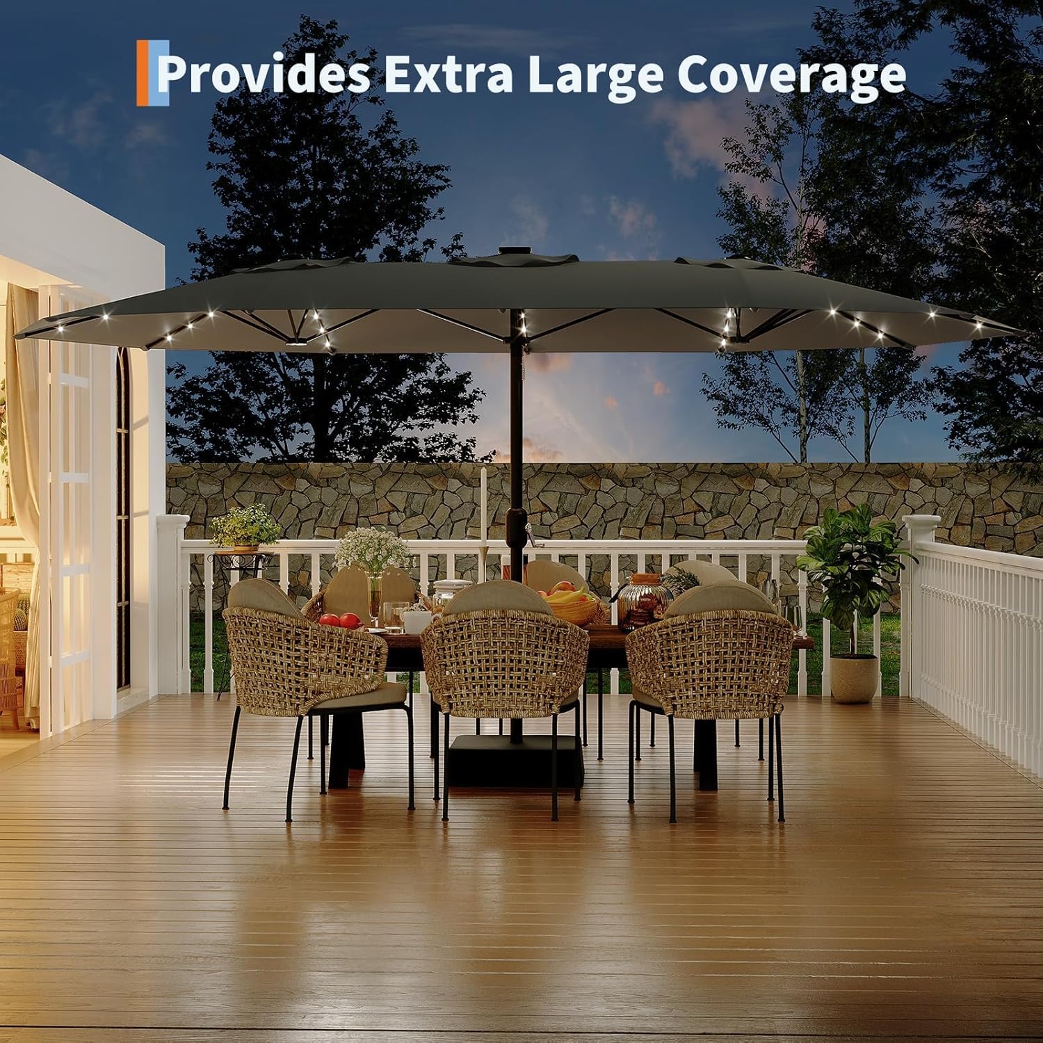 15FT Extra Large Double-Sided Rectangular Patio Market Umbrella with Solar LED Lights, Heavy-Duty UV Fade-Resistant Canopy, Included Base for Backyard Pool Deck Garden