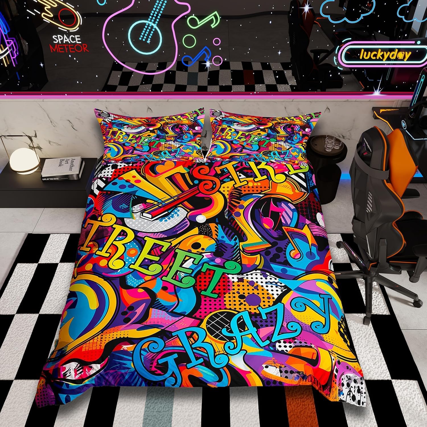 Homemissing Hippie Graffiti Style Duvet Cover Set Single Size For Kids Boys Teens Hip Hop Decor Cool Bedding Set Street Culture Grunge Art Duvet Cover with 1 Pillowcase
