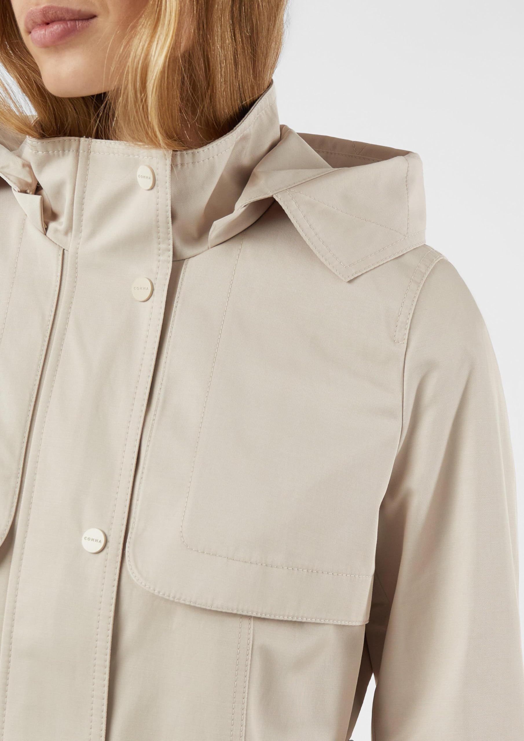 COMMA Baumwoll-Trenchcoat mit abnehmbarer Kapuze und Bindegürtel
