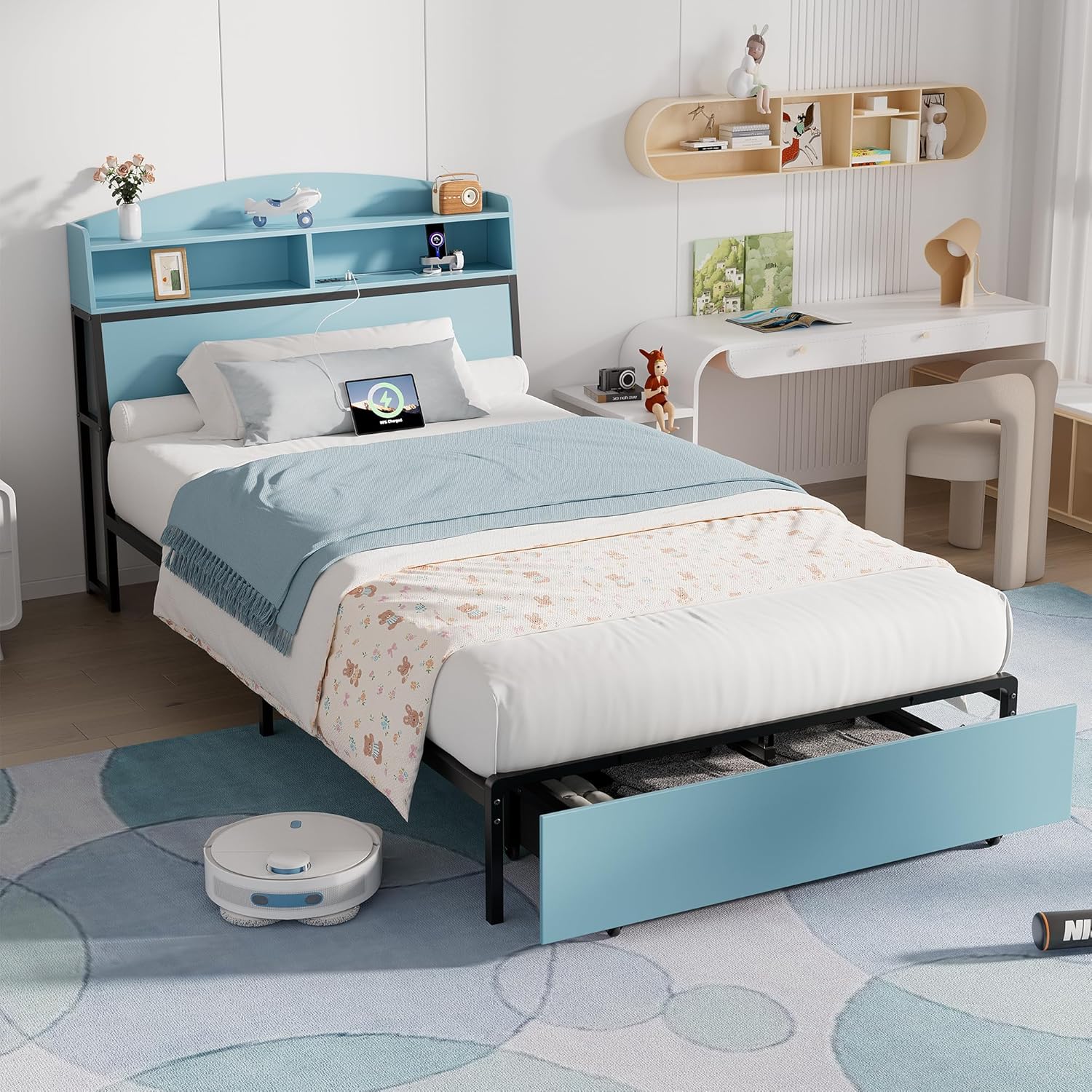Twin Bed Frame with Storage Headboard & Drawer, 3-in-1 Charging Station, Sturdy Metal Frame, No Box Spring Needed, Noise-Free, Non-Slip Design – Ideal for Kids, Teens, or Guest Room (Blue & Black)