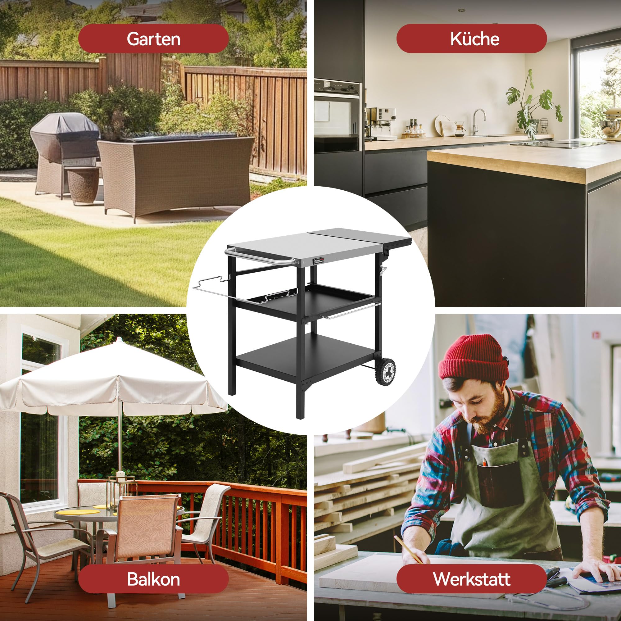 Royal Gourmet Outdoor Grilltisch, 3-Etagen Servierwagen mit 70 x 50 cm Edelstahl Tischplatte und 30 x 50 cm klappbarer Seitenablage, Beistelltisch Grillablagetisch Garten Trolley mit Push-Pull Regal