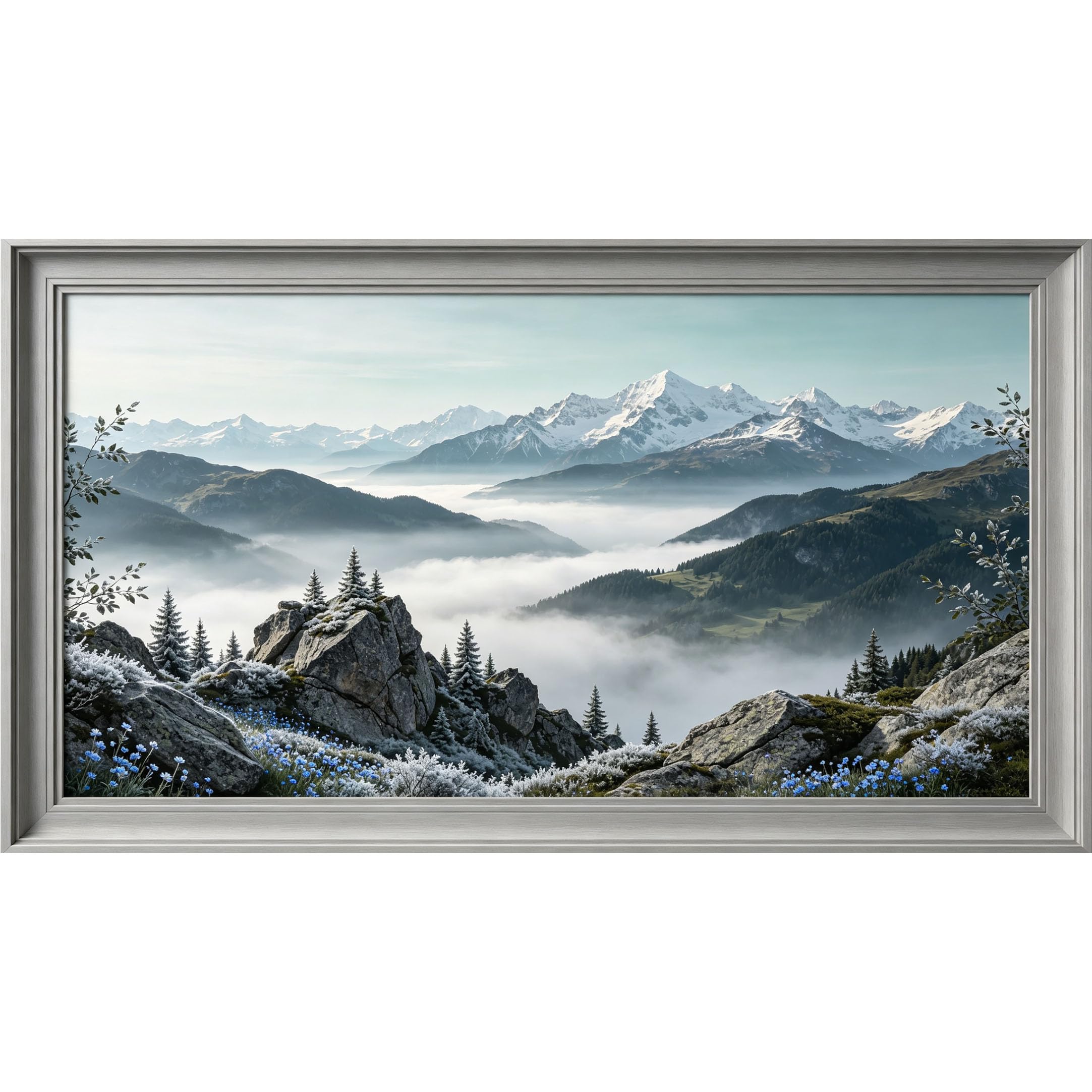QZLITHOTIC 50x90cm3D Framed Wall Art， Mountain Landscape Misty Valley Forest View Self‑Adhesive Mural， Water‑Activated Peel & Stick Fabric Decor Wall Decal for Bedroom Living Room