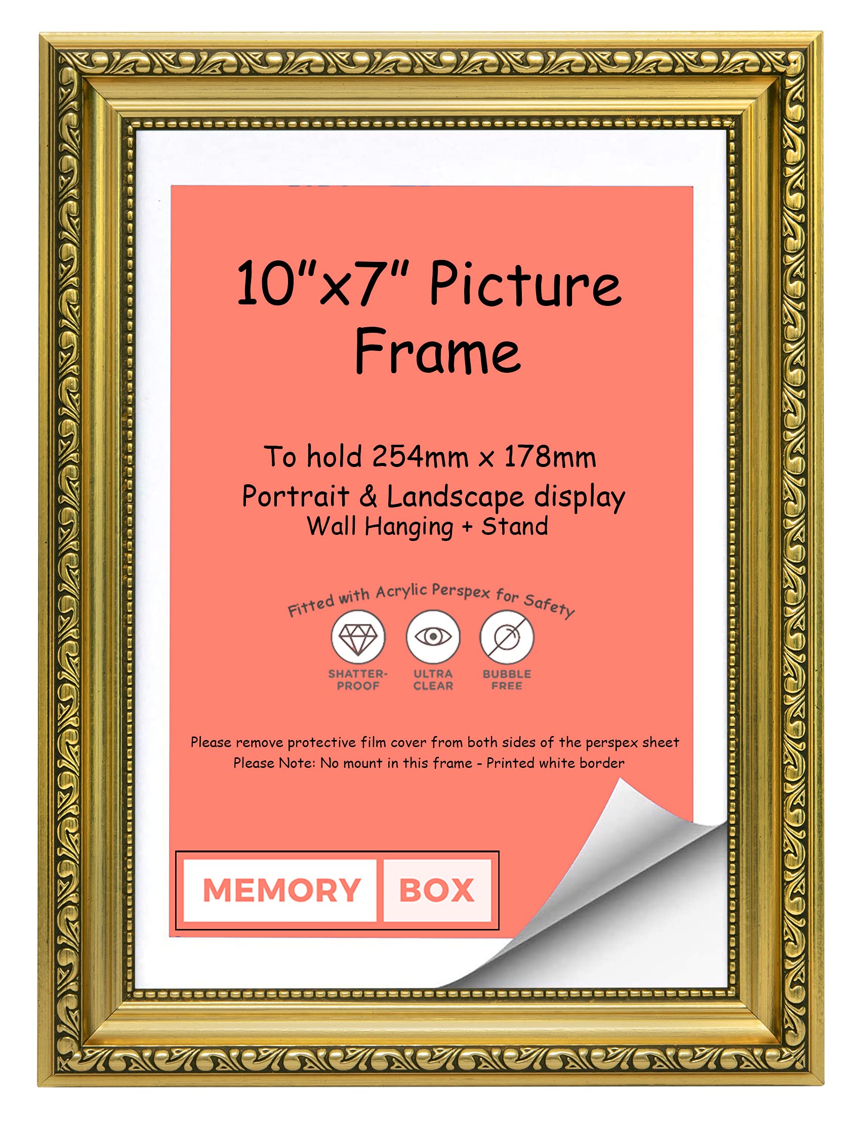 Memory Box Gold - Ornate Shabby Chic Picture/Photo/Poster frame with Real Glass - Moulding 33mm Wide and 27mm Deep - (25.4 x 17.8cm) 10" x 7"