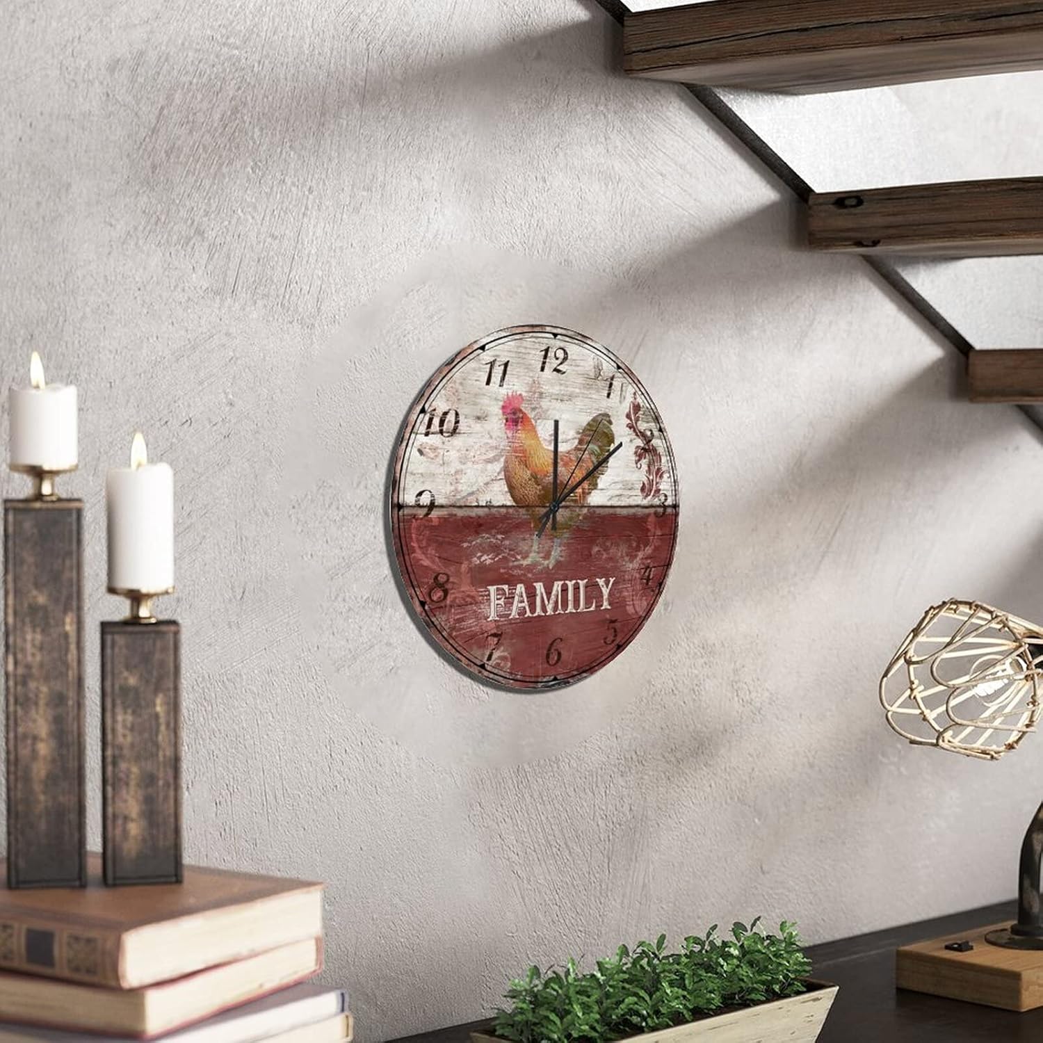 UFunhome 15-Inch Rustic Wooden Wall Clock Silent Non Ticking Battery Operated Round Clocks Country Rooster Rustic Wood Home Decor Retro Hanging Wall Clocks for Patio Pool Bathroom Bedroom