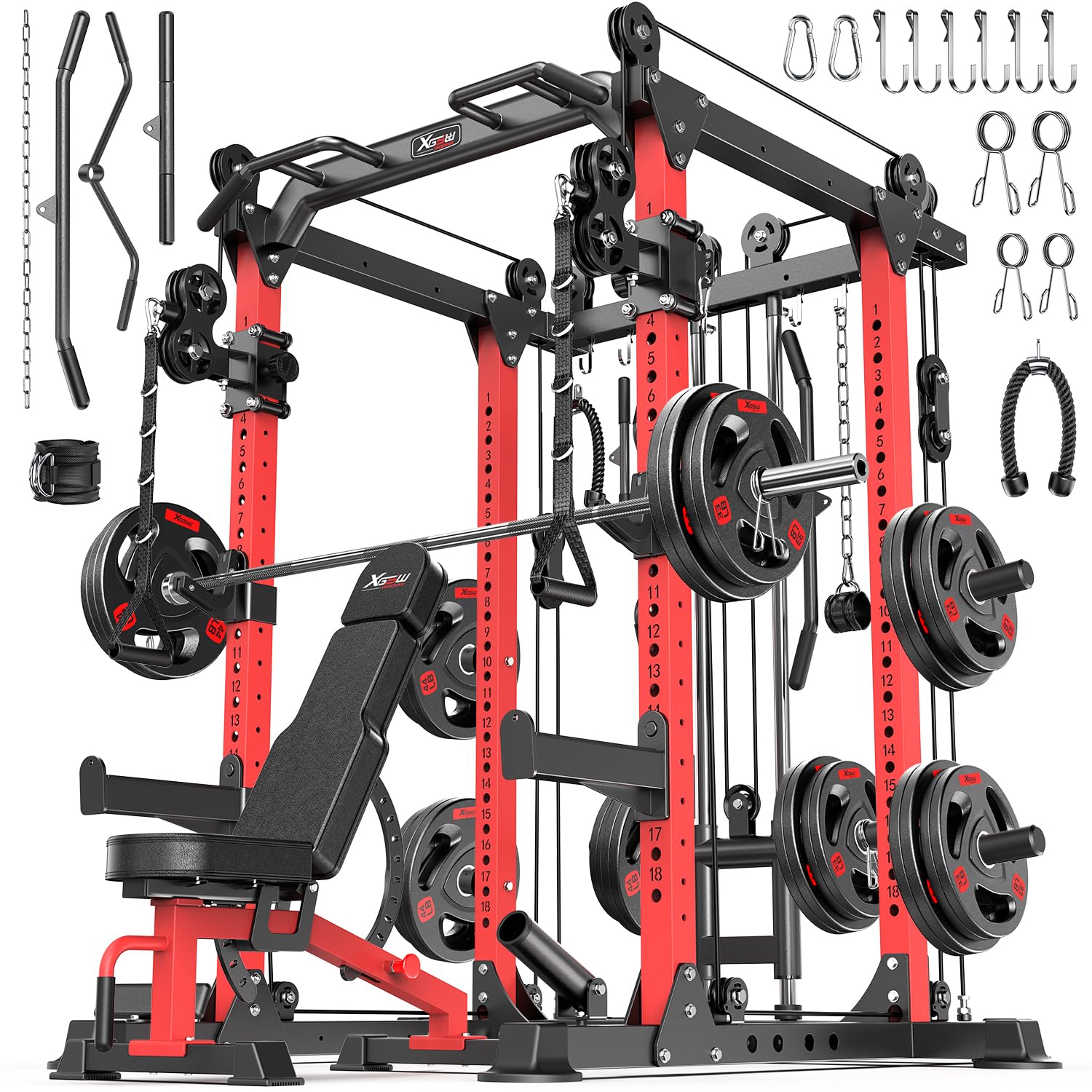 Power Rack Power Cage Multi-Function Squat Rack with Cable Crossover System Selectable More Training Attachment Power Rack for Garage & Home Gym (Red, D Set L02+Weight Bench+(Pole+Cast Iron) 248LBS)