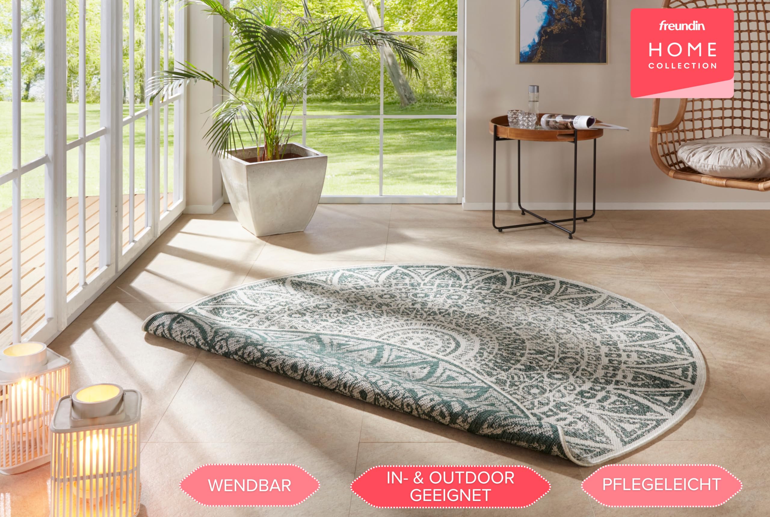 Freundin Home Collection Nora In- & Outdoor Teppich Rund – Wendeteppich Wetterfest Modernes Design Runder Teppich für Balkon Terrasse Wintergarten Badteppich Wohnzimmerteppich, Grün Creme, 200cm
