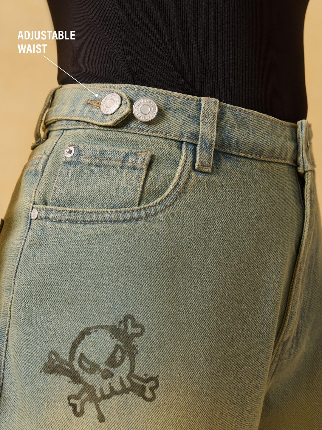 The Souled Store: Jeans con vestibilità a barretta: vita con cerniera e vita in cotone lavato, vestibilità a barilotto, leggero, regolabile, per l'uso quotidiano