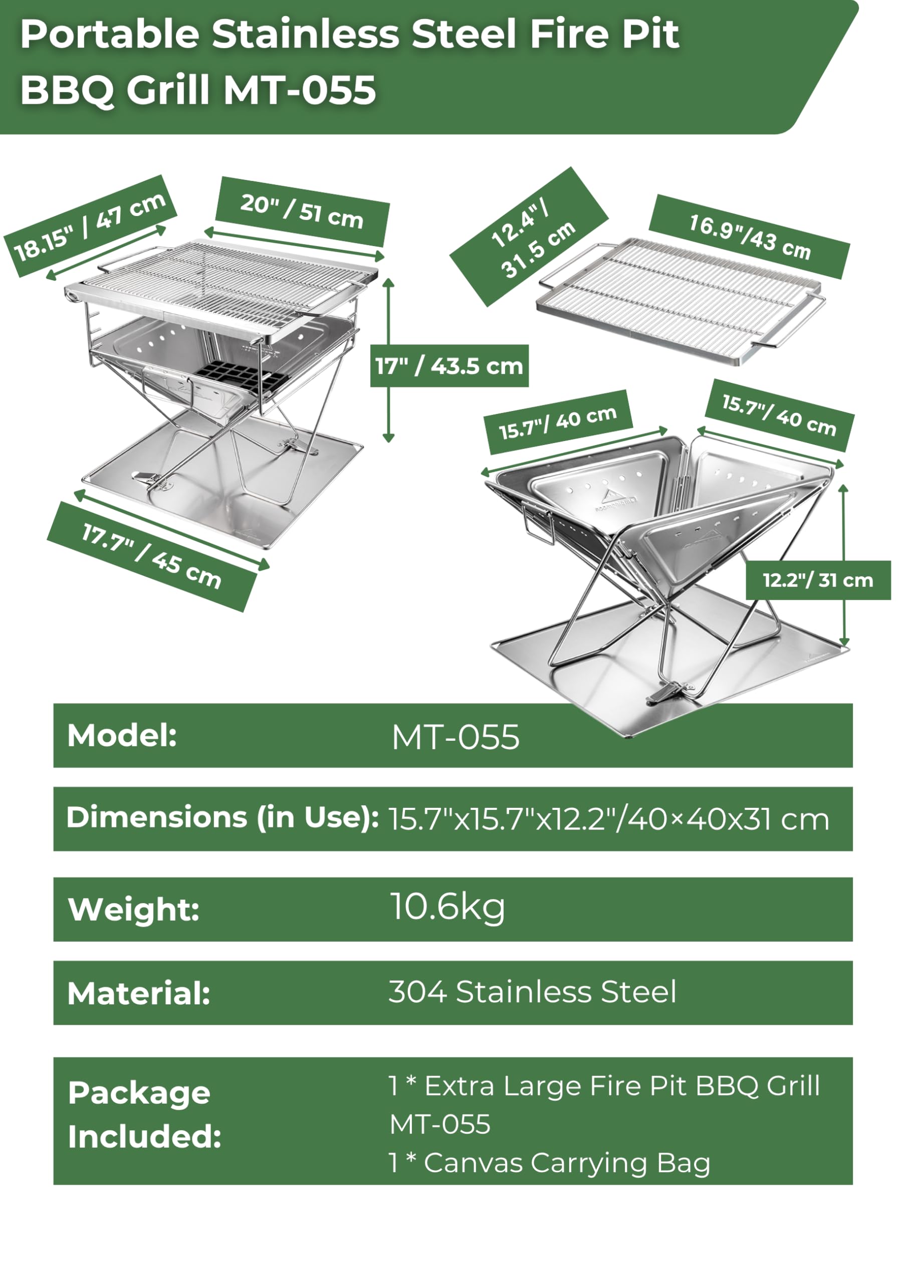 CAMPINGMOON - Parrilla portátil 3 en 1 para fogata de 16 pulgadas, de acero inoxidable resistente, estufa de leña, para camping, altura ajustable, patio, cocina al aire libre, viajes de caravana