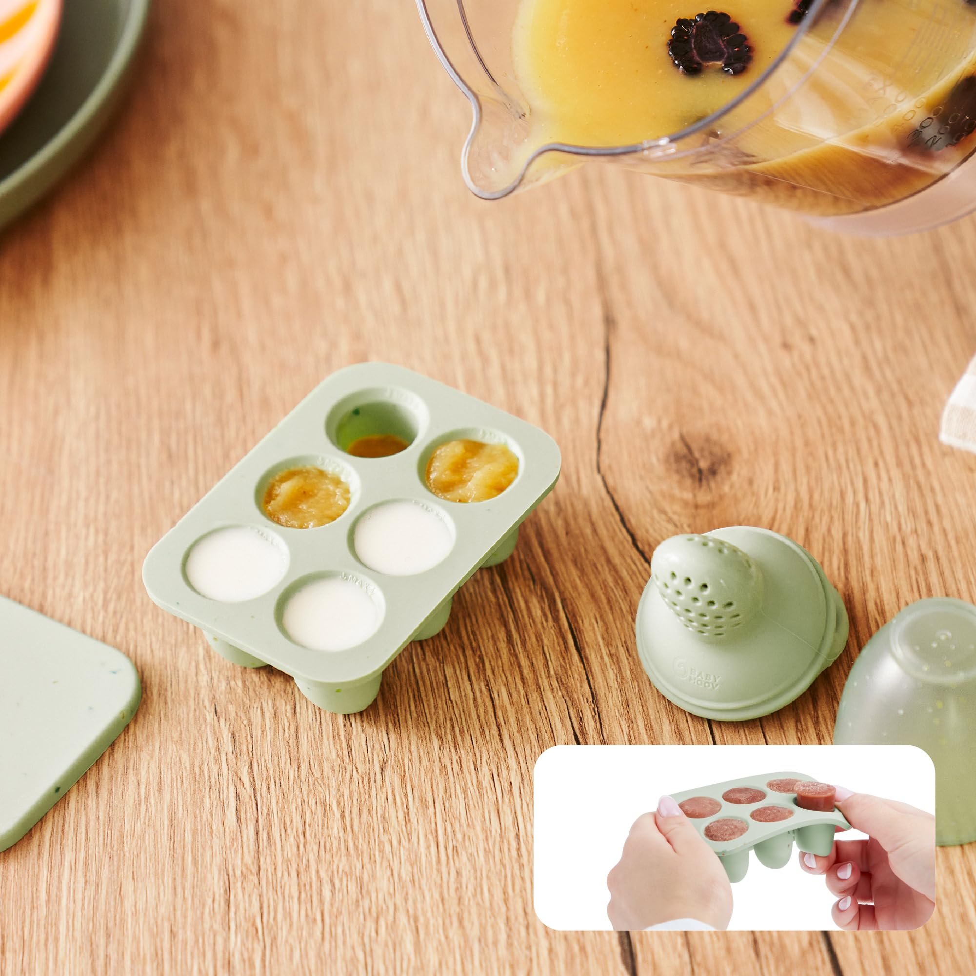 Babymoov 2 Bacs Glaçon Bébé Diversification Alimentaire + 1 Grignoteuse Bébé - Bacs Avec Couvercle - Moule Silicone Premium - Eveille aux Goûts et Soulage les Poussées Dentaires