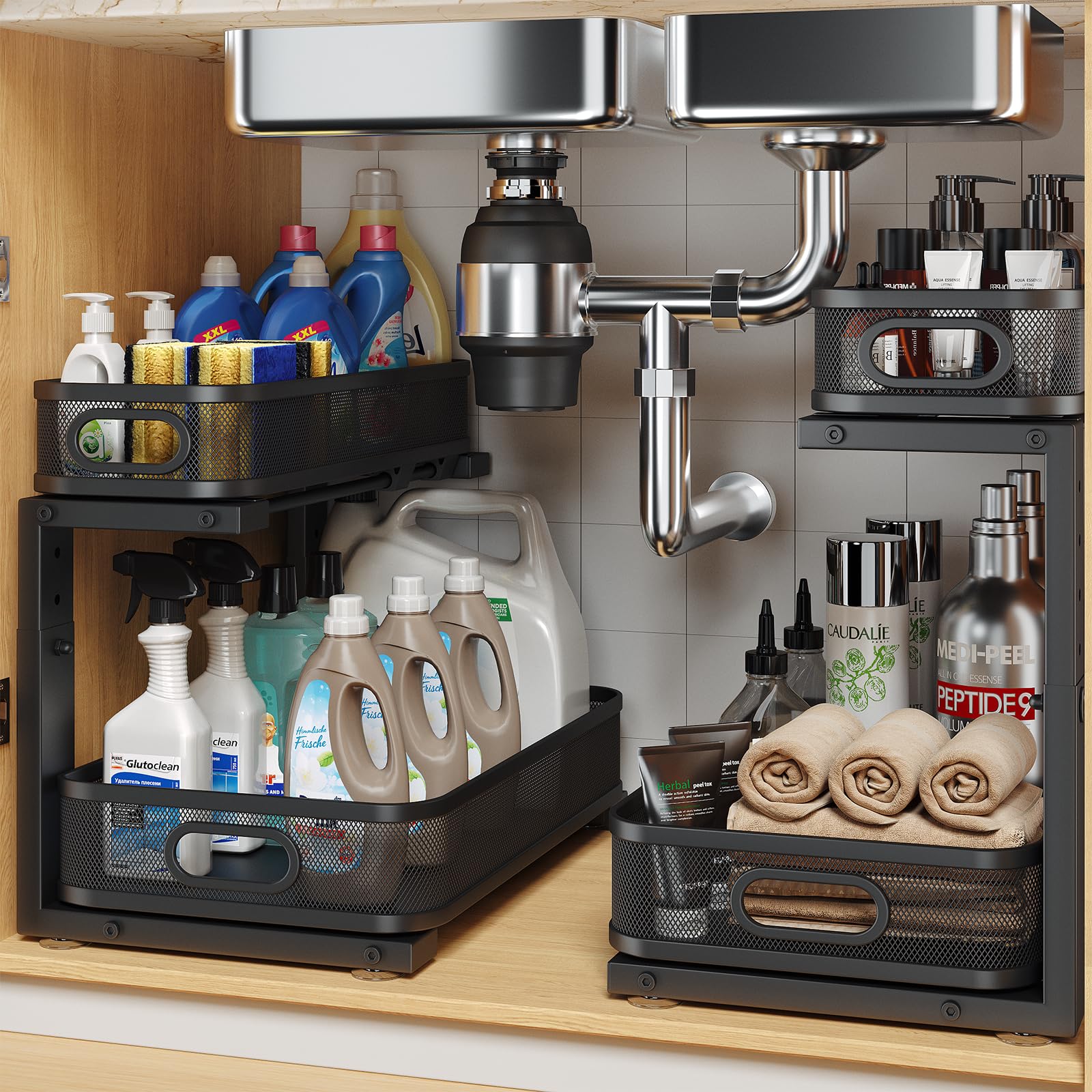 2 Pack 15.7IN-Depth Under Sink Organizer With Smooth Cylindrical Rail,2-Tier Pull Out Multi-Purpose Cabinet Storage for Bathroom&amp;Kitchen,Height Adjustable,Rust-resistant Coating-Black