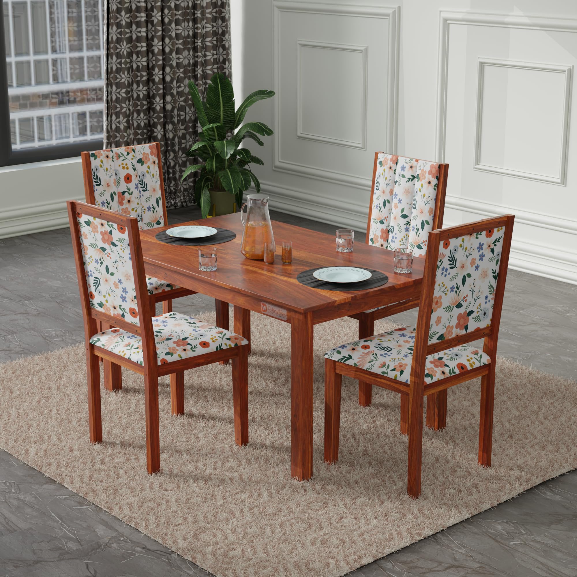 DRIFTINGWOOD Tiya Solidwood Dining Table 4 Seater with Floral Design Cushions | Four Seater Dinning Table with 4 Chairs for Home | Rosewood, Honey Finish, Self Assembly(DIY)