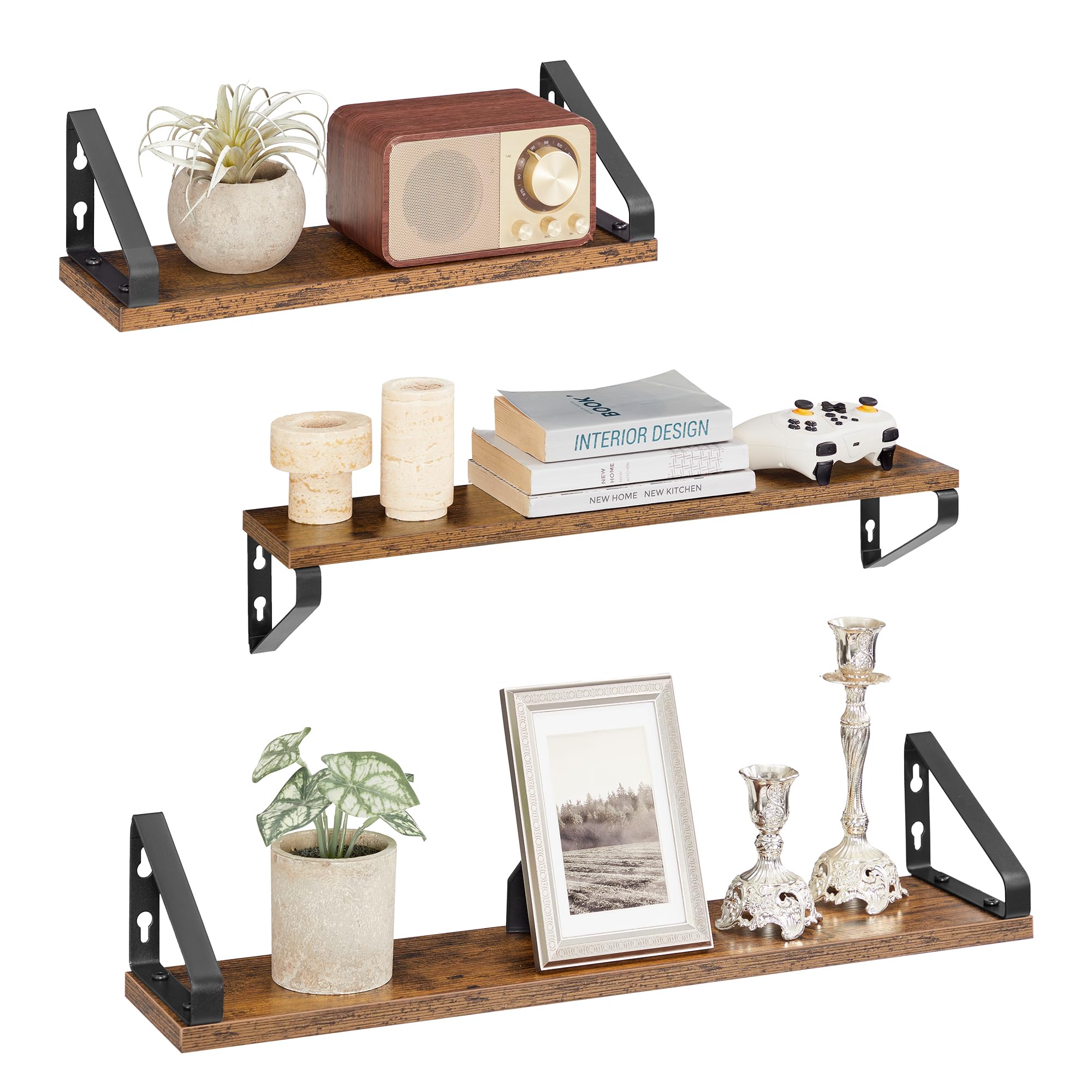 VASAGLE Vägghylla, Flytande Hylla, Set om 3, 2 Monteringssätt, Hängande Förvaringshylla, För Vardagsrum, Kök, Kontor, Badrum, Rustik Brun och Matt Svart LWS043K01 - Set om 3 (40/50/60 cm) - Vintagebrun + mattsvart