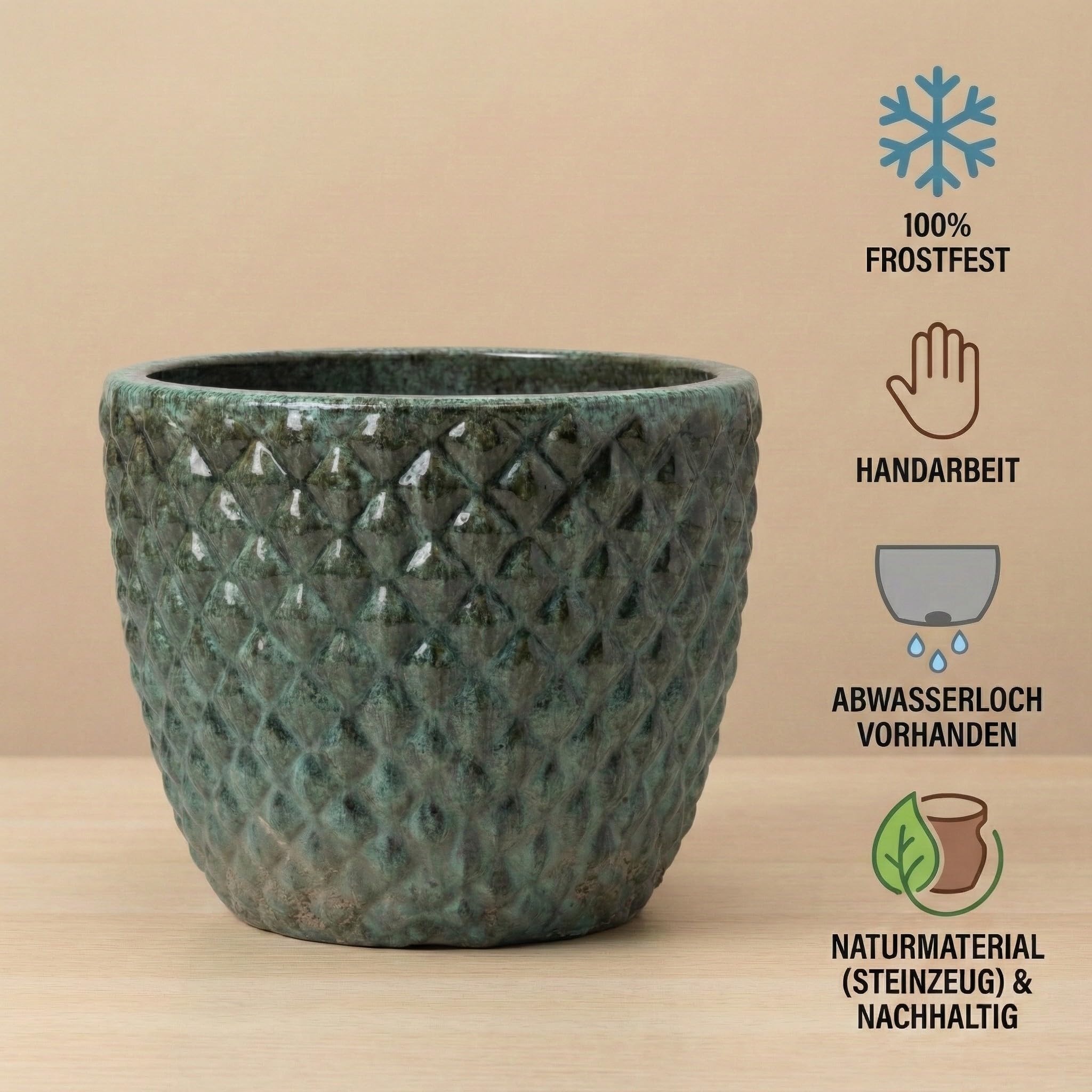 Teramico Pot de fleurs résistant au gel, en grès de qualité supérieure, en céramique émaillée, avec structure unique à bulles 3D, durable, résistant à l'hiver, pour jardin et terrasse, vert mousse, 30