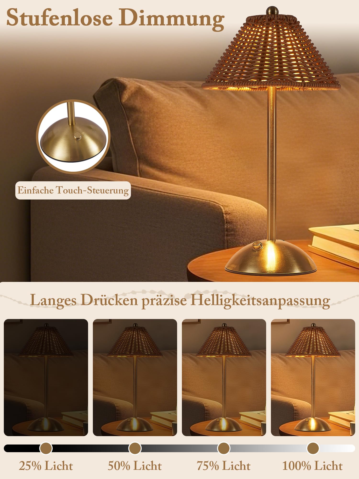 Lot de 2 lampes de table LED sans fil en rotin - Intensité variable