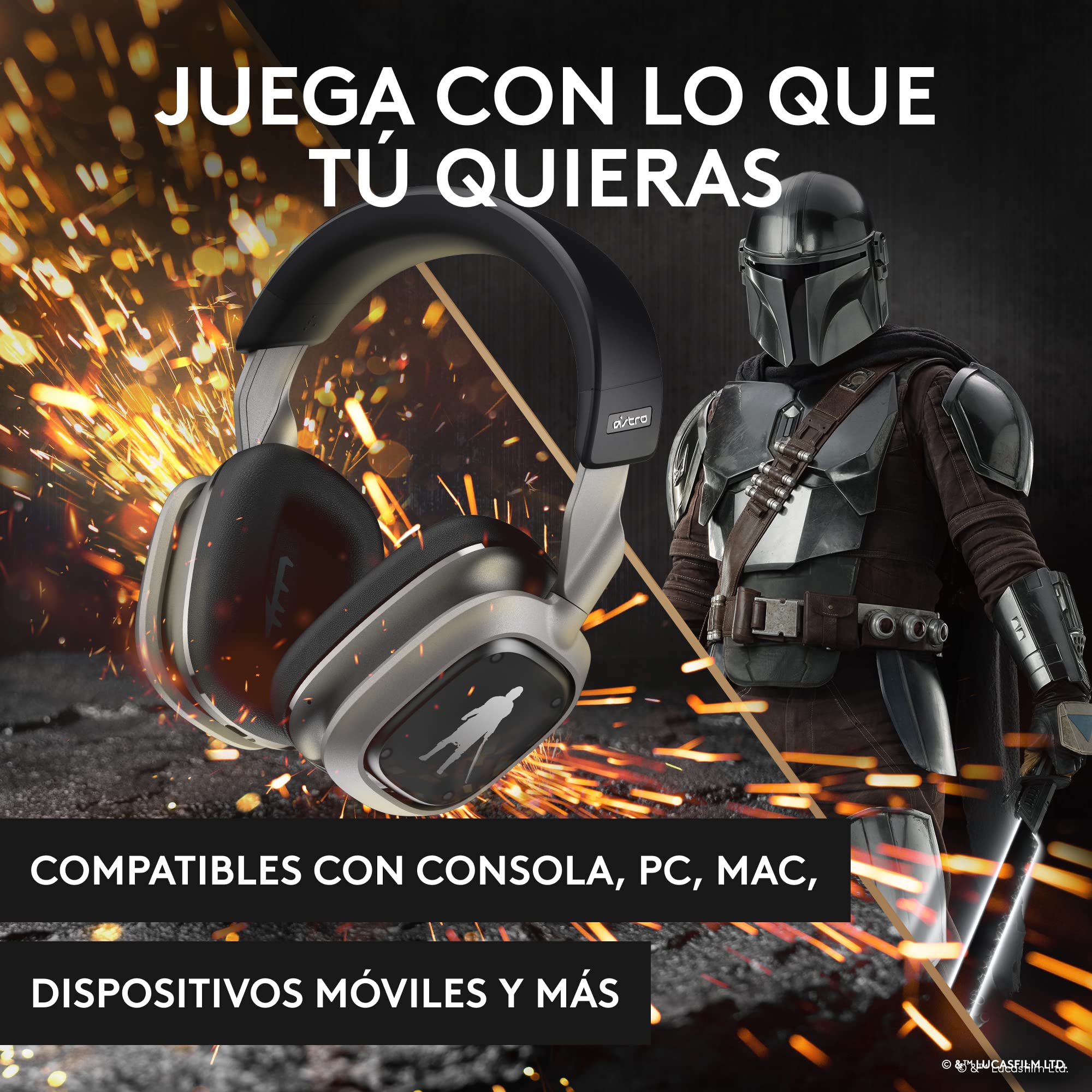 Logitech G Astro A30 Lightspeed Auriculares Inalámbricos para Gaming para PS5, Bluetooth, Mic Integrado y Desmontable, USB-C, para Playstation, Nintendo Switch, PC, The Mandalorian Edition, Plata