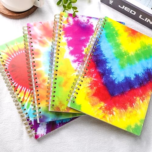 Miniatura 5 de HEYPLACE 4 cuadernos de espiral de tapa dura, cuadernos en espiral, diseño de teñido anudado, cuadernos con rayas universitarias para regalo,