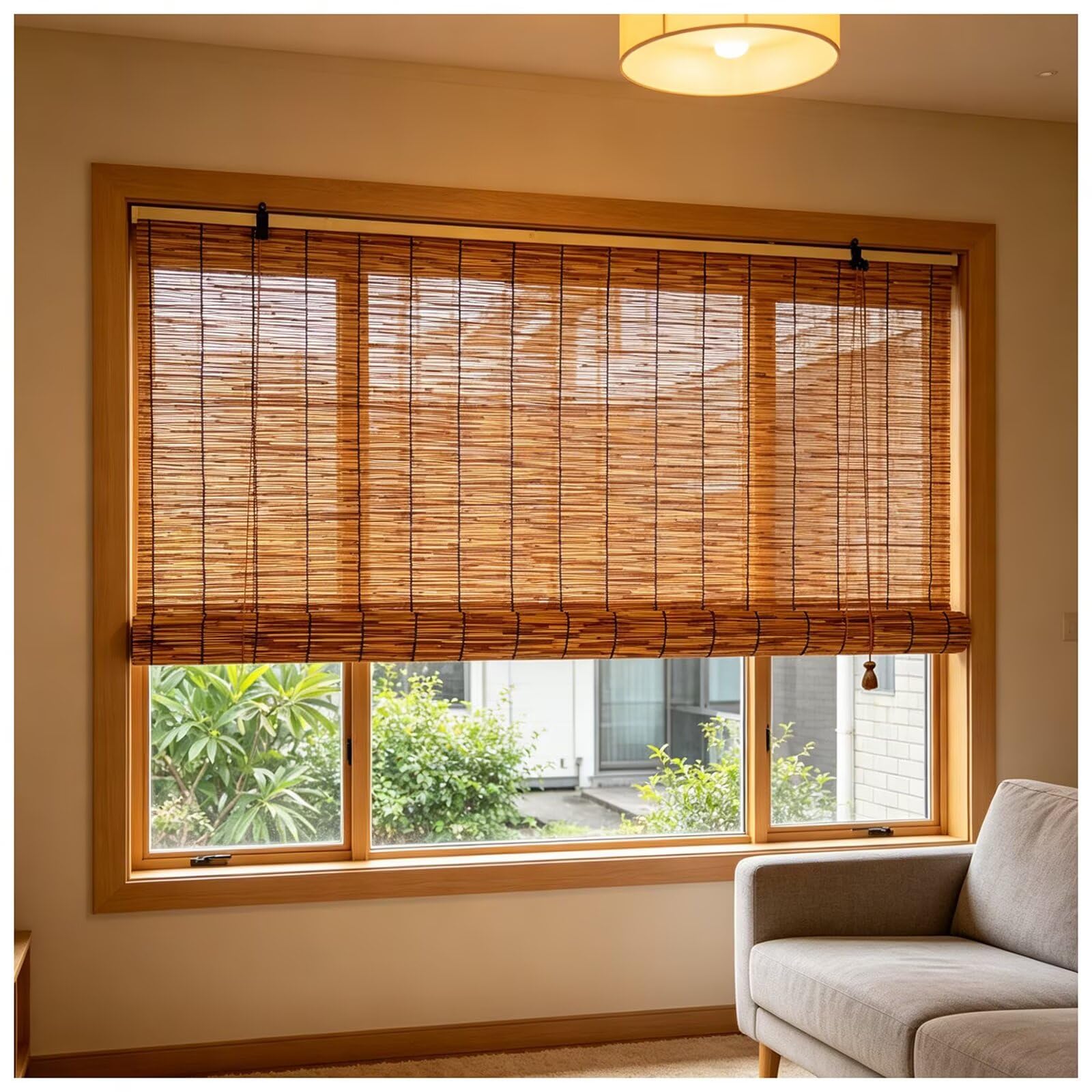 Store Enrouleur Bois W145xH230cm(57x91in) Store Venitien sans Percage Alternatif,Rideau Store pour Porte Fenêtre et Véranda Brun
