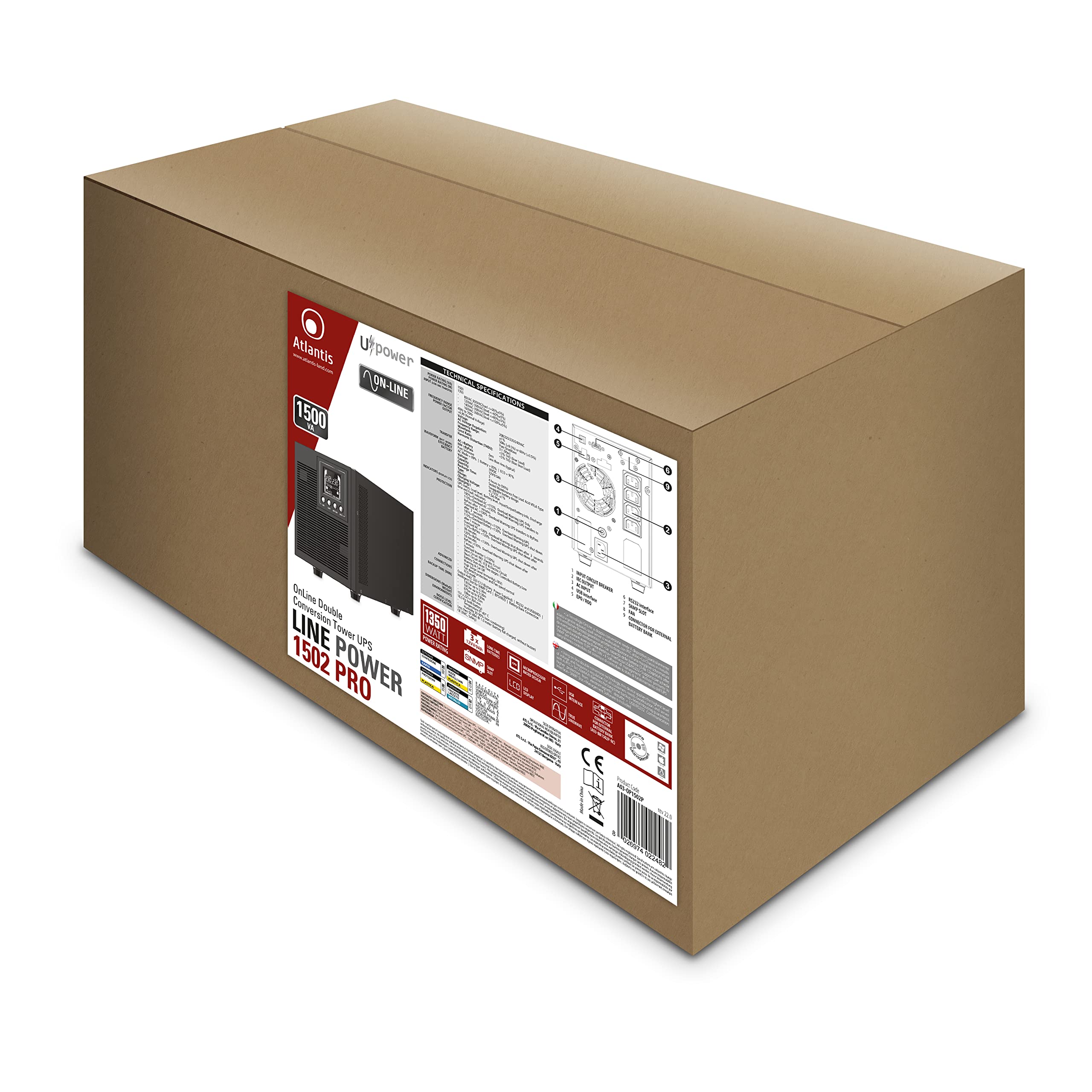 Atlantis A03-HP3003P Gruppo di Continuità Onda Sinusoidale Pura 2000VA 1400W Line Interactive, display LCD, porta USB-HID, 6 uscite IEC, 2 batterie 12V-9Ah, porta seriale RS232, slot per SNMP, softwar