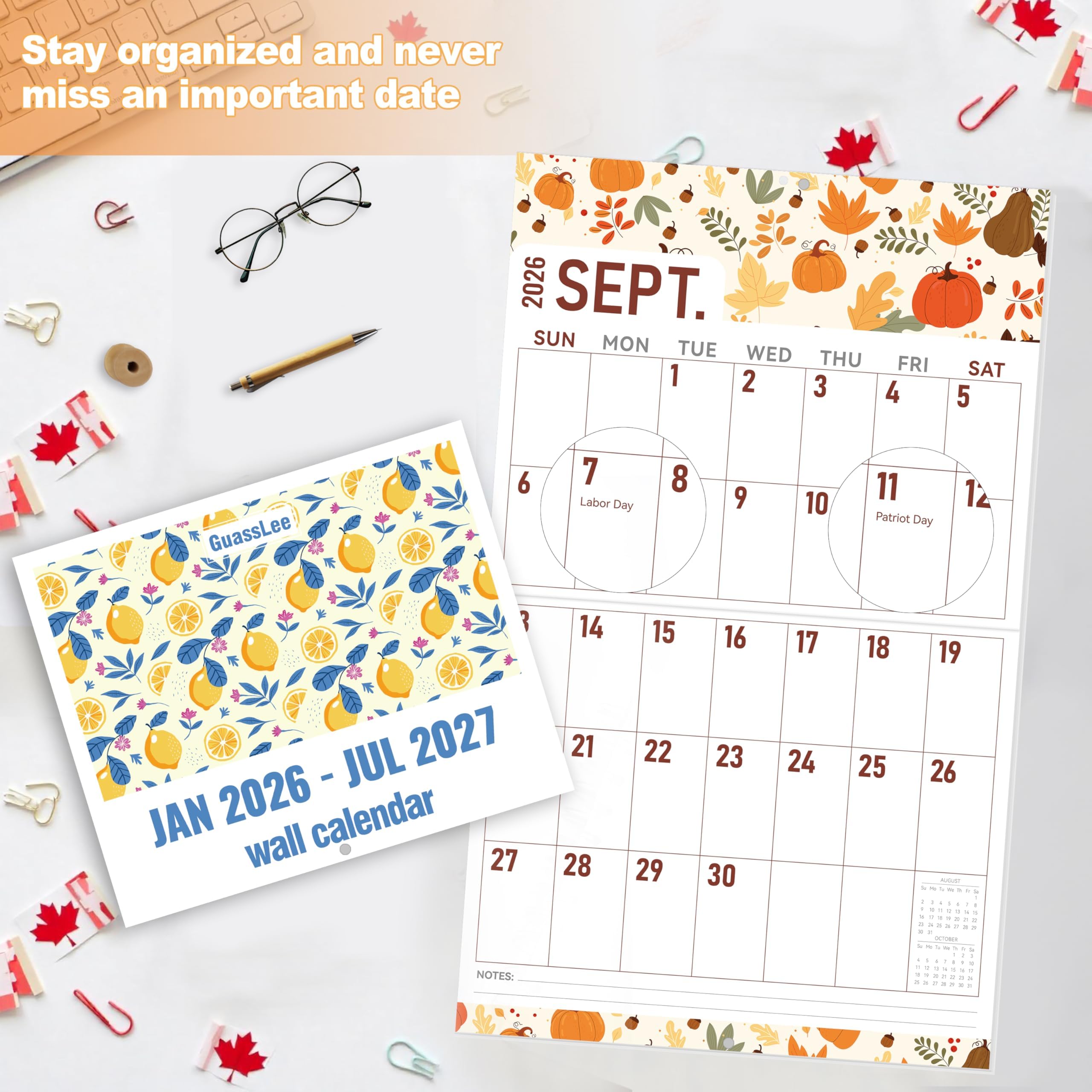 Guasslee Wall Calendar 2026-2027, 2026 Calendar Wall, 18-Month Planner Wall, 2026 Jan - 2027 Jun, 14" X 11" Monthly Calendar Spiral Bound With Thick Paper, Week Numbers For School Year Home Office