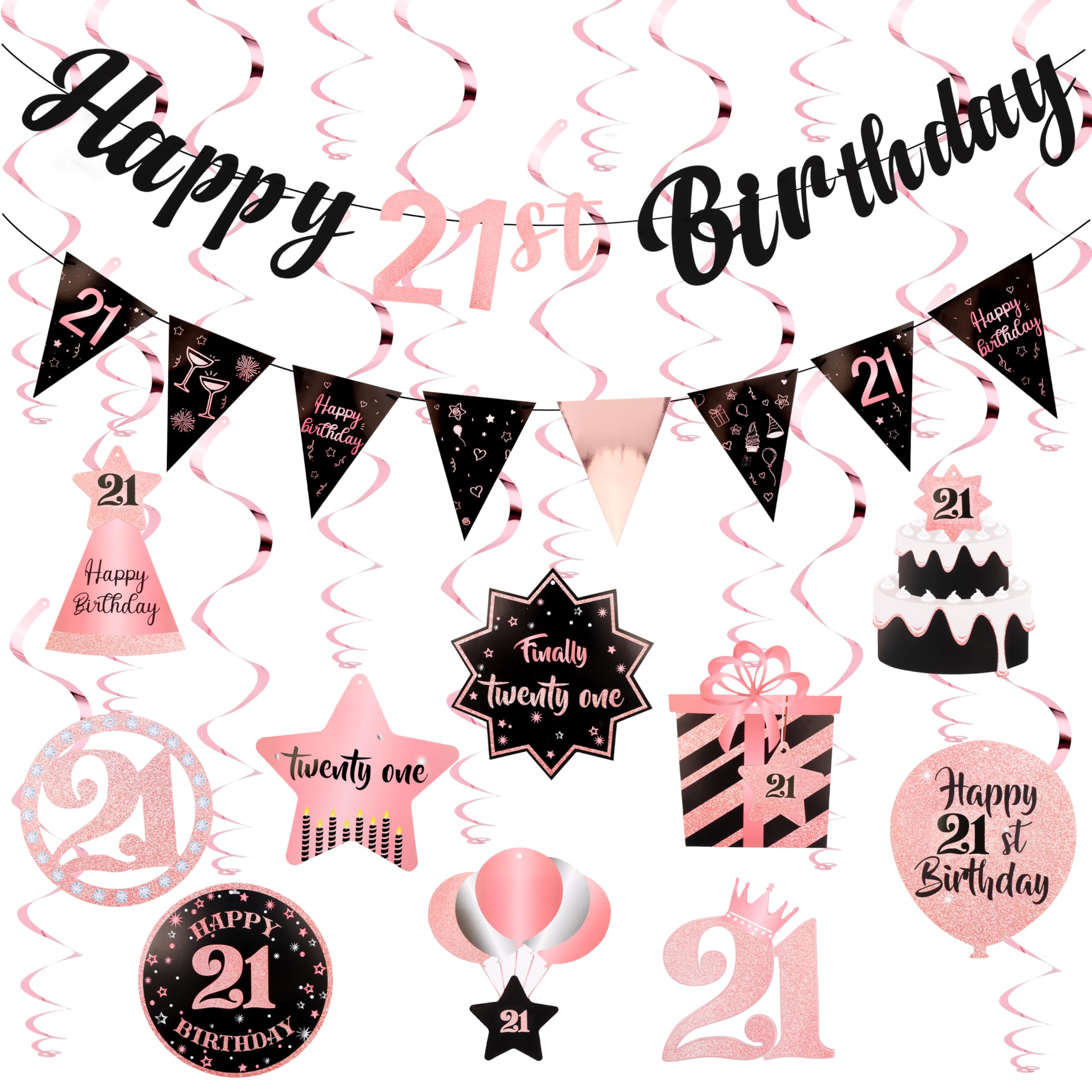 21st Birthday Decorations Pre Assembled Rose Gold 21st Birthday Decorations for Her Banner Hanging Swirls for Girls Party Supplies