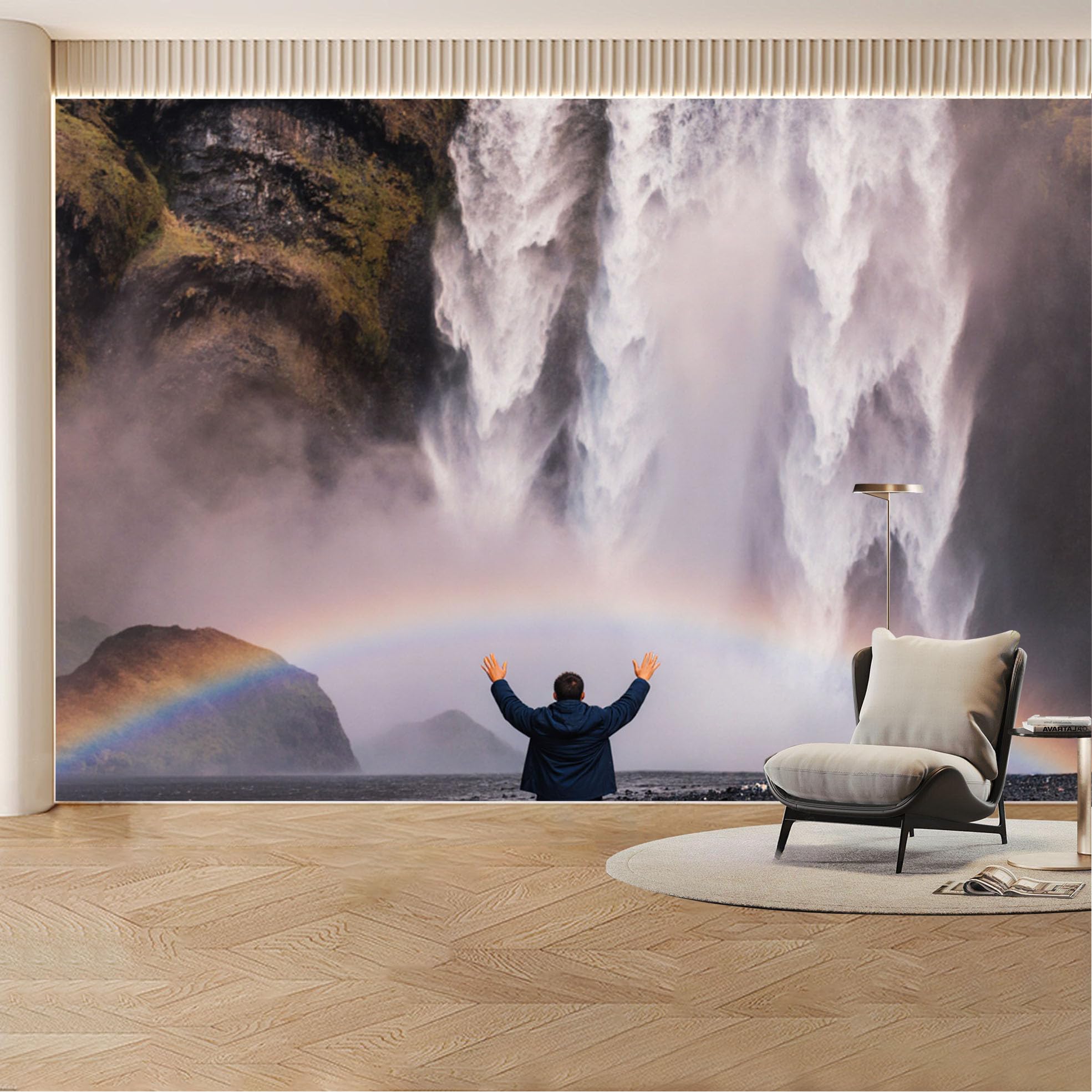 Custom Wall Mural Wallpaper Waterfall Rainbow Landscape Nature Large Wall Art Wall Decor Misty Scenic Removable SelfAdhesive Large Photo for Living Room， Bedroom， Office