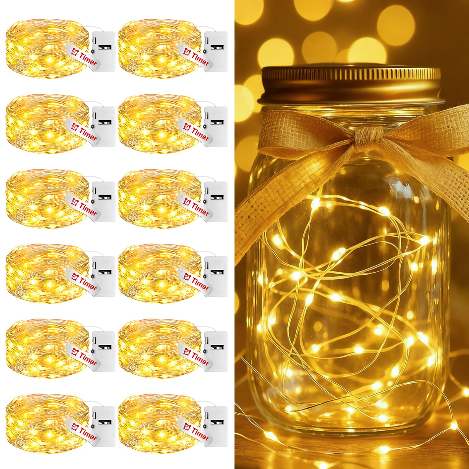 btfarm Fairy Lights Battery Operated with Timer, 12 Pack 2M 20 LED String Light Battery Powered, 3 Modes Waterproof Silver Wire Small Lights Indoor Outdoor Decor for Jars Bottle Christmas, Warm White — image 1