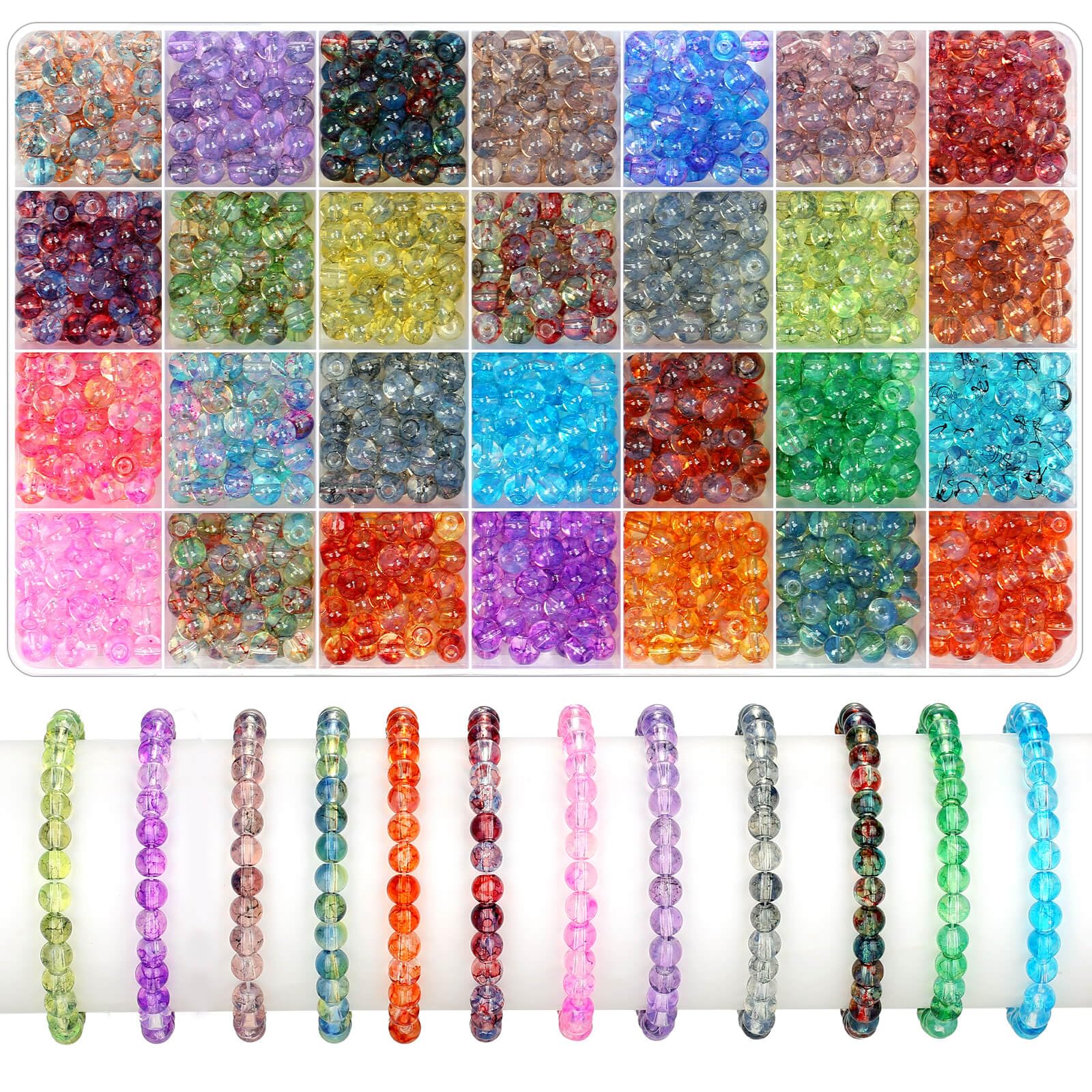 shynek 1400ピース 6mm ラウンドガラスビーズ ブレスレット用、28色のブレスレットビーズ、ジュエリー製作、ブレスレット製作、DIYクラフト用ガラスクリスタルビーズ(インクパターンカラー)