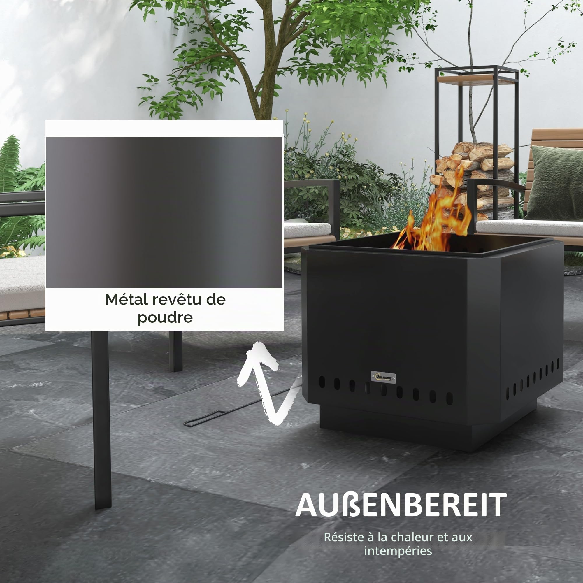 Outsunny Bol de feu, foyer carré, panier de feu sans fumée avec tisonnier, feu de table pour jardin, camping, terrasse, métal, noir