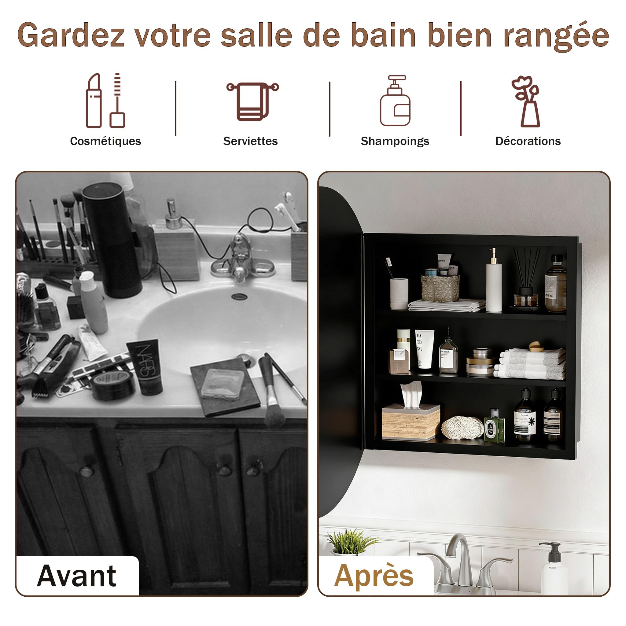 Armoire Salle de Bain avec Miroir Murale Arrondi Métal Armoire de Toilette Miroir avec 2 Étagère Noir (Aucun Assemblage requis) 52x52x12.5 cm