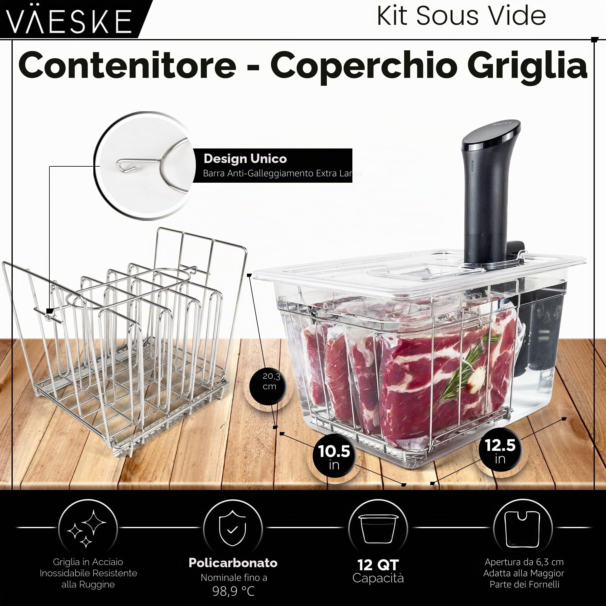 VÄESKE Contenitore Isolato Sous Vide con Coperchio e Rastrelliera, Trattiene il Calore e Protegge i Piani di Lavoro, Funziona con la Maggior Parte dei fornelli Sous Vide (11 L)