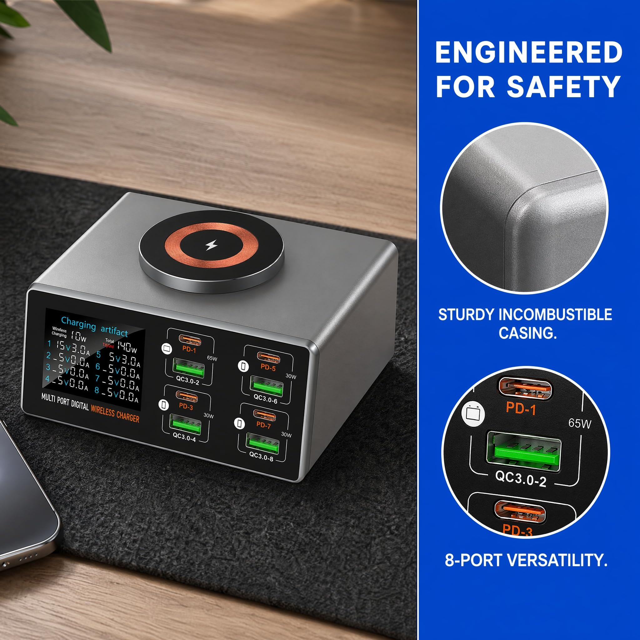 Chargeur Intelligent Multifonctionnel 140 W avec indicateur d'absorption magnétique, Chargeur USB-C 8 Ports avec PD 3.0 et QC 3.0 (65 W), Chargeur sans Fil magnétique, écran LCD