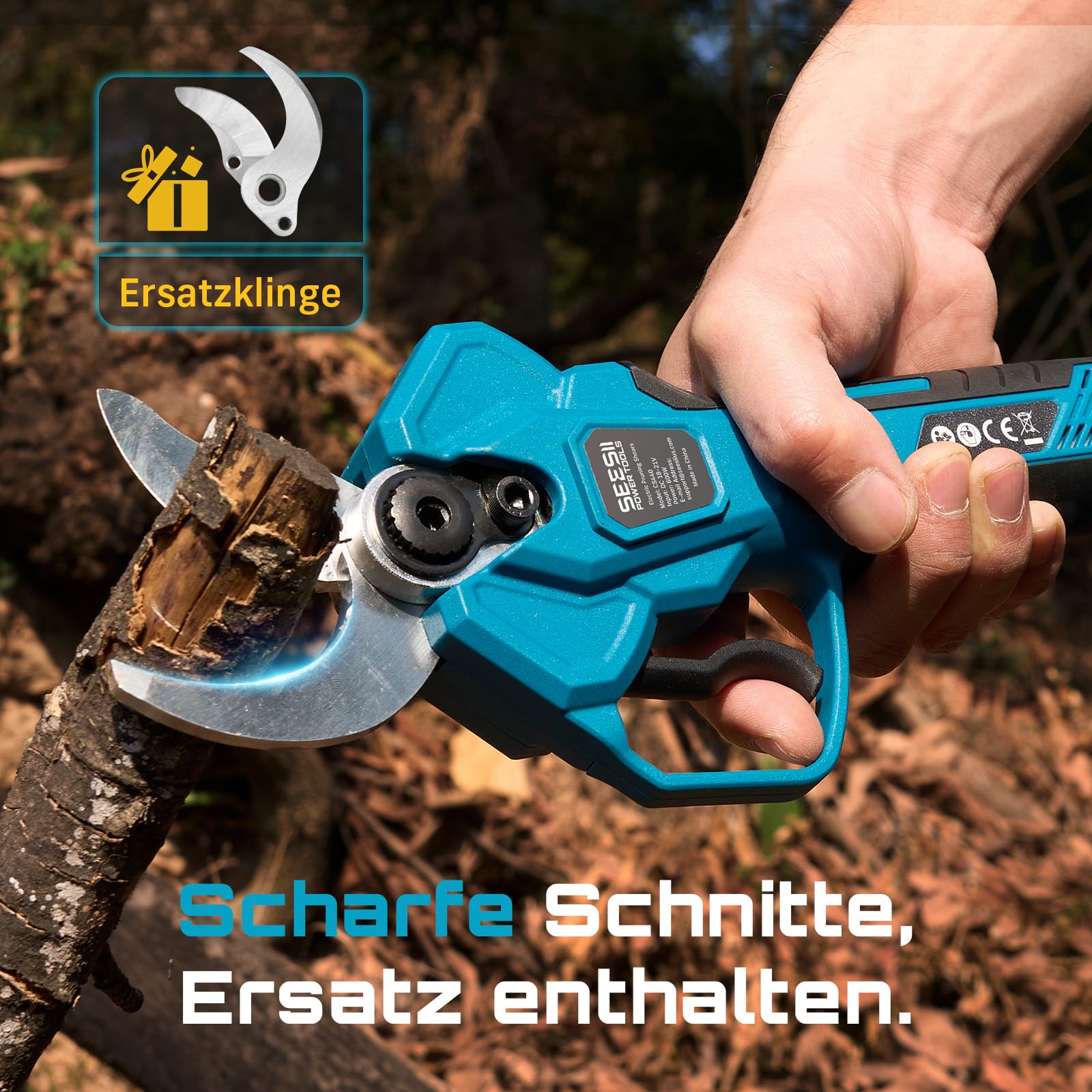 SEESII Akku Astschere 40 mm – Elektrische Gartenschere mit 2 * 4000 mAh Akkus, SK5-Klinge, Bürstenlosem Motor, LCD-Anzeige, Für Obstgärten, Landschaftspflege und Professionelle Gartenarbeiten, CS440