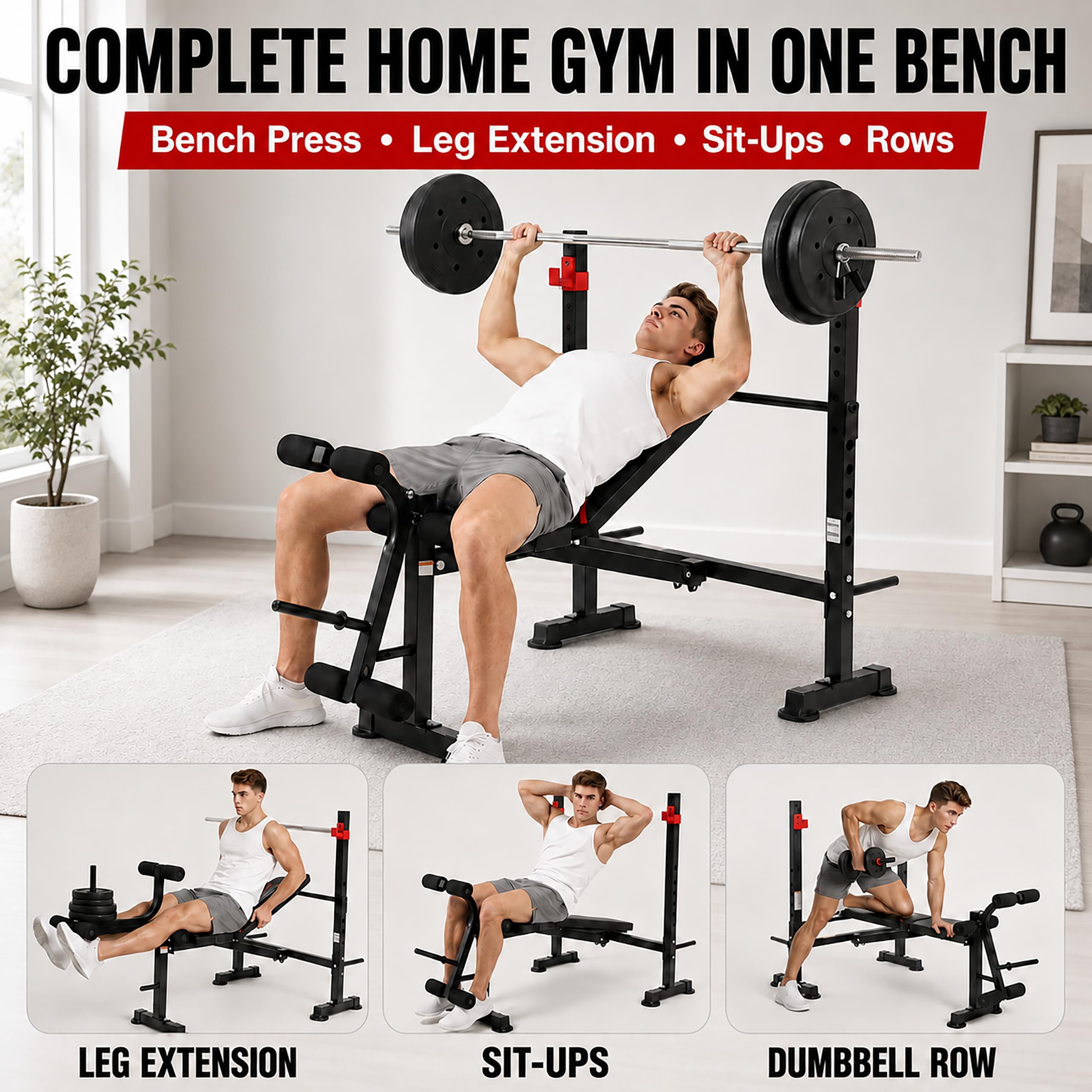 1500LB 8 IN 1 Weight Bench with Lat Pulldown and Leg Extension/Curl, Foldable Bench Press with Preacher Curl & Rack, Workout Benches with Safety Bar Catches for Home Gym(US Stock)