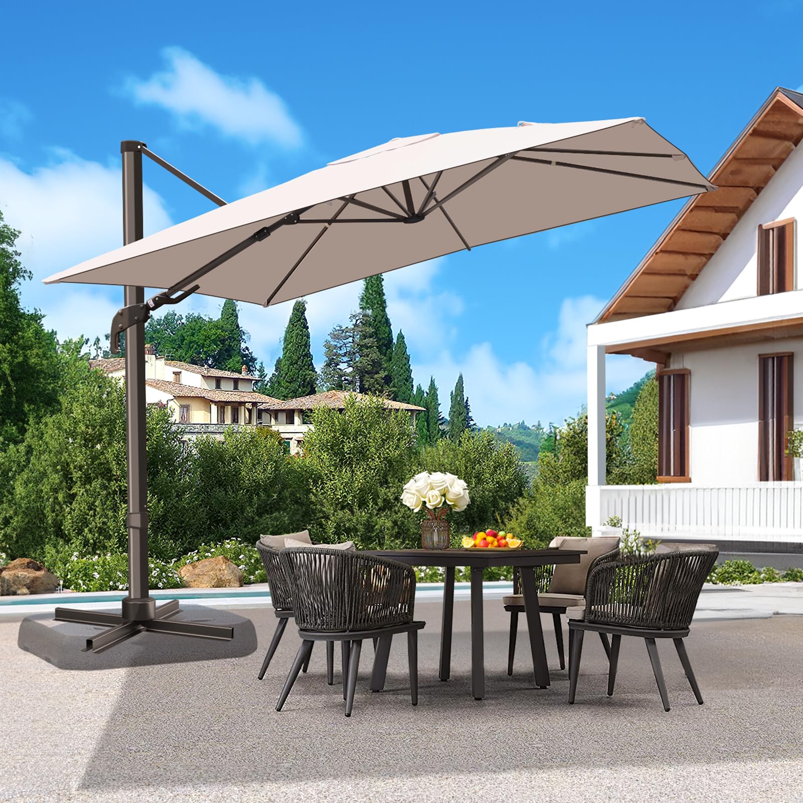 Amazon.com : 10 FT Patio Umbrella, Outdoor Cantilever Square Umbrella with Creative Swivel Handle and Tilt, Olefin Large Offset Umbrella with 360-degree Rotation Patio Umbrellas for Pool Deck Garden, Champagne : Patio