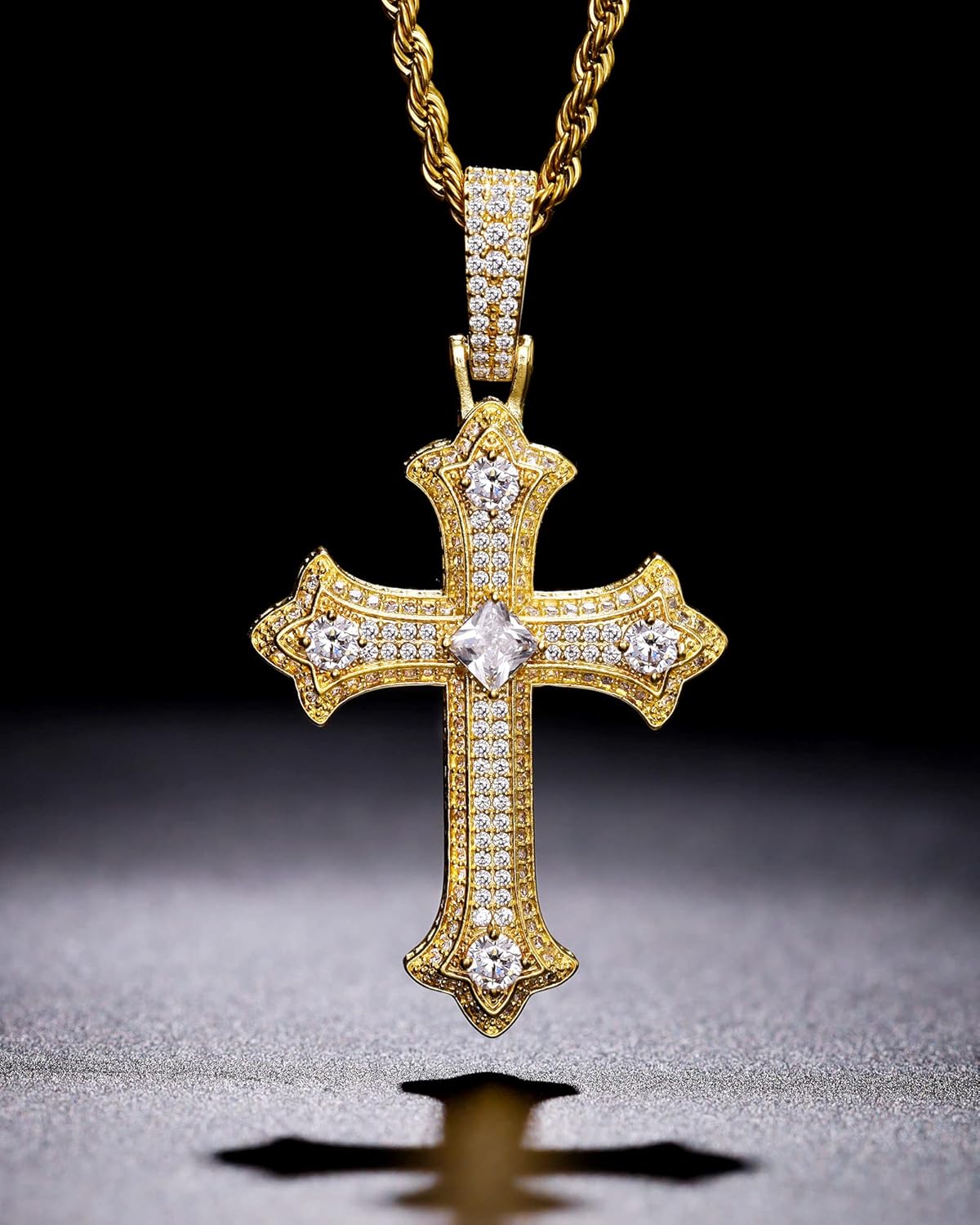 LuxeFlex Gothic Iced Out Diamond Jesus Cross Necklace with 20" Stainless Steel Rope Chain, 14K Gold Plated Pendant Religious Faith Cross Jewelry Gifts, Underground Hip-Hop Jewelry for Men Women