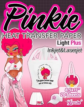 Lovein Pinkie Iron on Heat Transfer Paper for T Shirts 20 Sheets, 8.5x11, Light Plus Printable Heat Transfer Vinyl for Laserjet & Inkjet Printer Iron on Transfers Paper for Light Fabric PK-L3-20