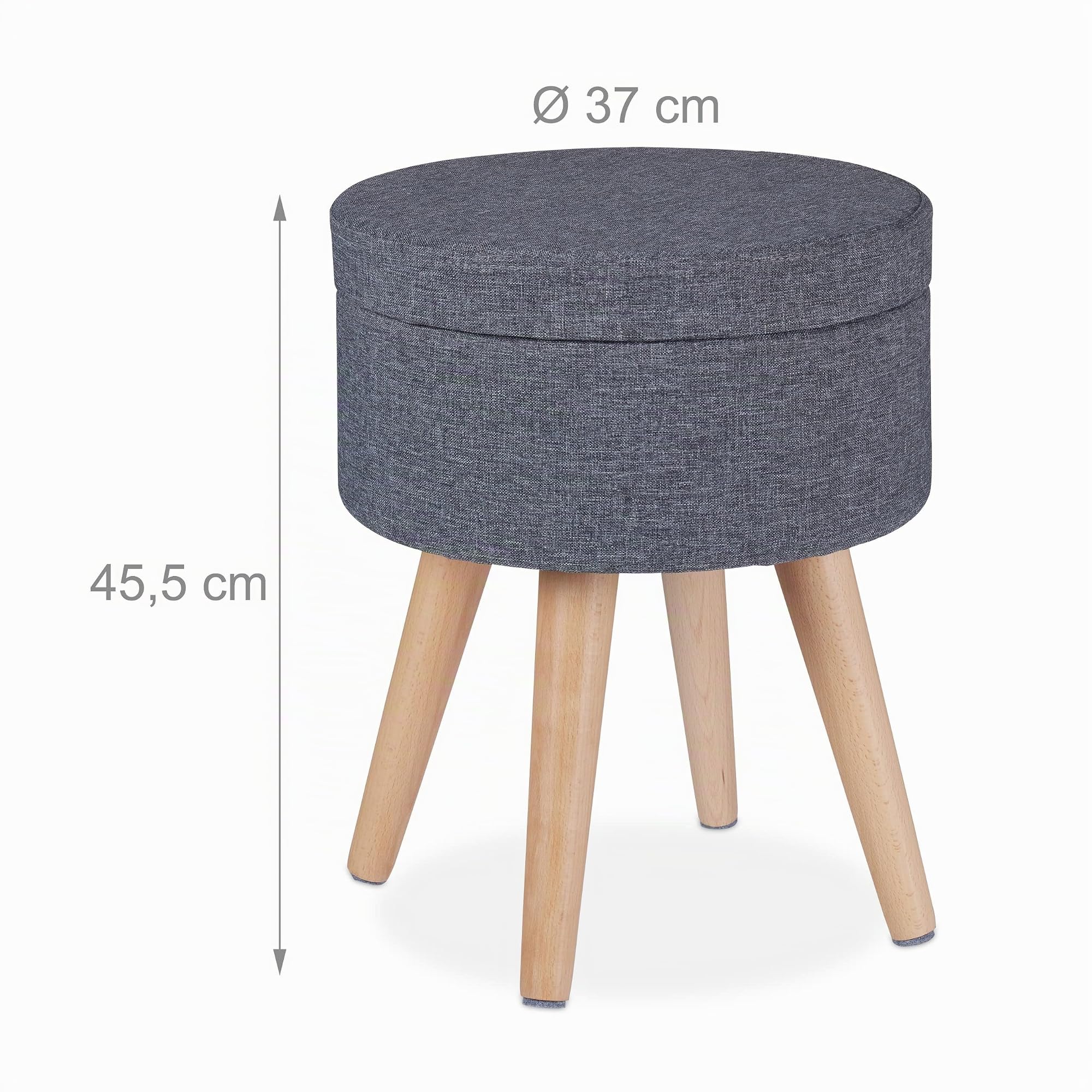 Relaxdays Taburete con Patas de Madera y Función de Mesa, Tapa Acolchada, con Almacenaje, 45,5 x 37 cm, Gris y Natural