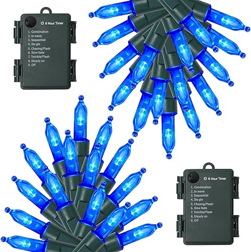 WATERGLIDE Paquete de 2 50 luces LED de Navidad para exteriores, 16 pies, funciona con pilas, mini luces con 8 modos y temporizador, luces de árbol