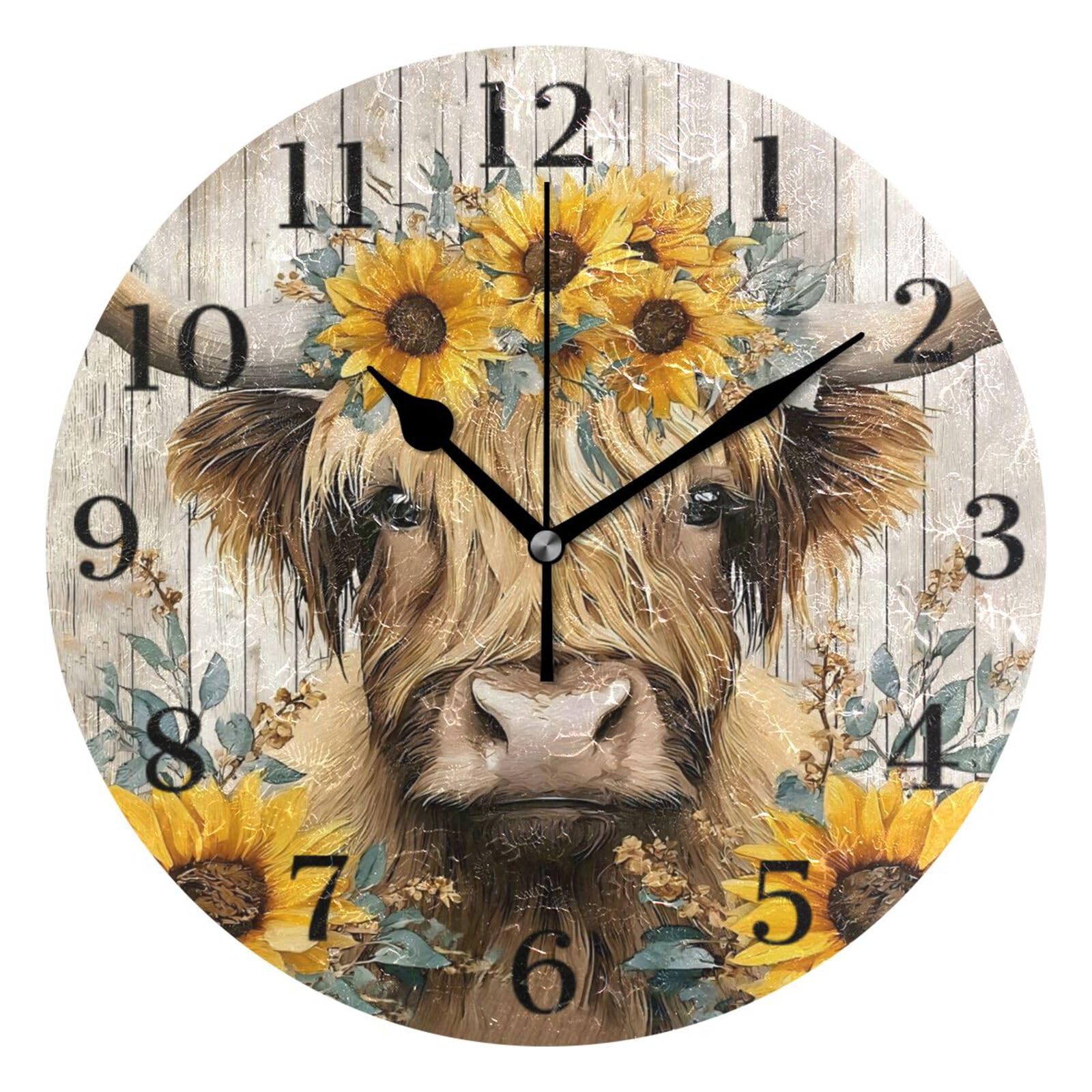 Ensound Wall Clock Silent Non-Ticking Battery Operated Clocks Cow Sunflowers 12 Inch for Kitchen Home Living Room