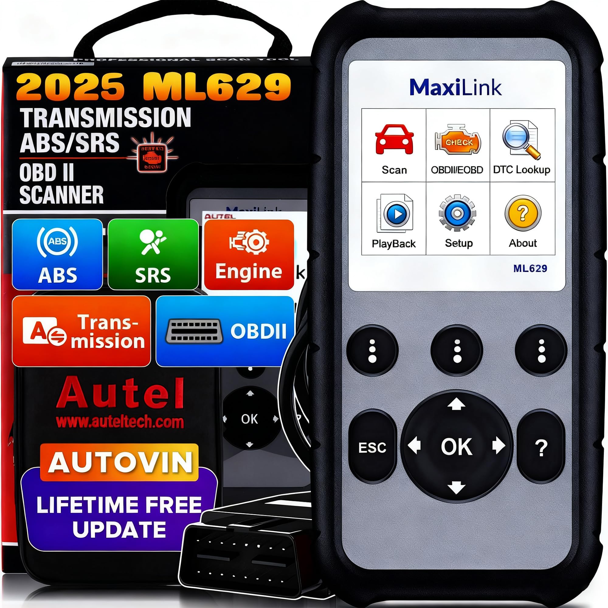 2025 New Autel ML629 OBD2 Scanner, ABS SRS Engine Transmission Diagnostic Scan Tool, Mechanic Full OBDII Code Reader w/DTC Lookup AutoVIN, Live Data, Up of AL619 AL629 for Professionals DIYers