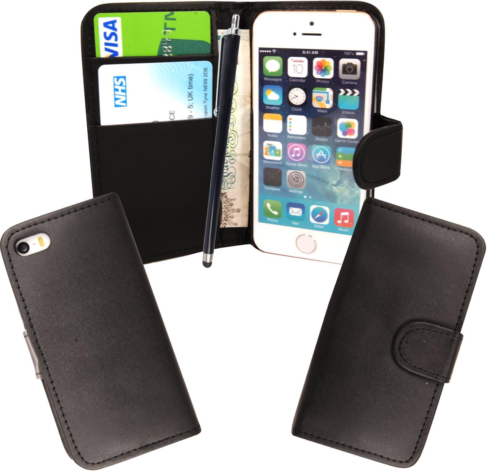 MobileExtra For Apple Iphone 5 5s Plain Black Book Type Card Holder PU Leather Magnetic Protected Flip Case Cover + Stylus