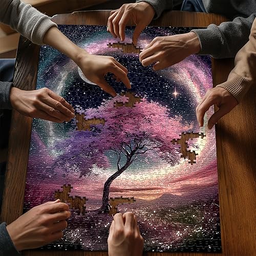 Miniatura 5 de Rompecabezas de 1000 piezas con diseño de árbol de la vida de noche estrellada, rompecabezas de paisaje de plantas de fantasía para adultos,