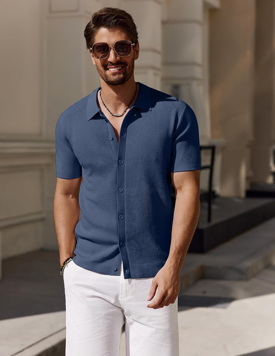 COOFANDY Men's Vintage Knit Shirt Short Sleeve Button Down Polo Shirts for Summer Casual & Vacation - Image 3