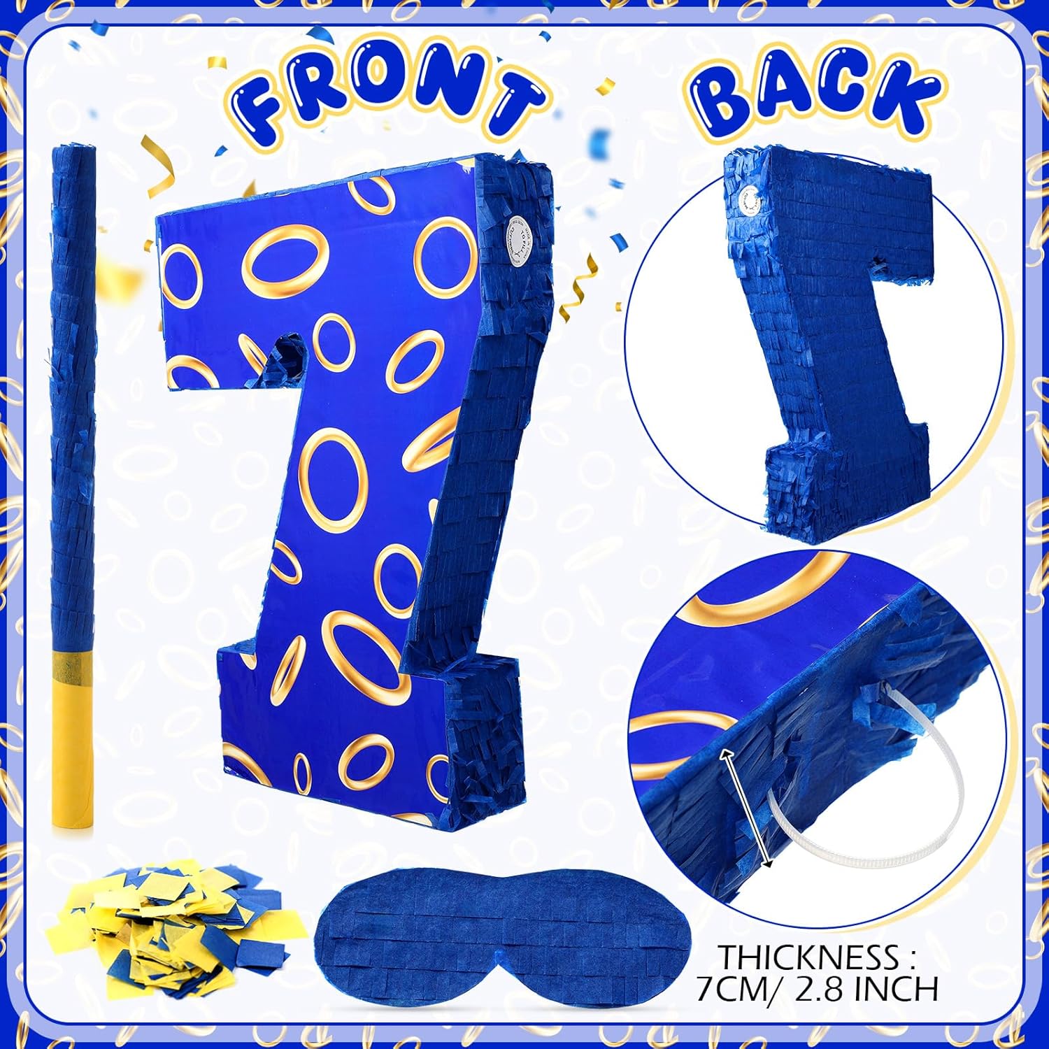 Simgoing Number 7 Blue and Golden Rings Piñata for Kids Birthday Cartoon Theme Small Piñata with Blindfold Stick Confetti for Fiesta Cinco De Mayo Party Decor, 15.8 x 11 x 2.8 Inch