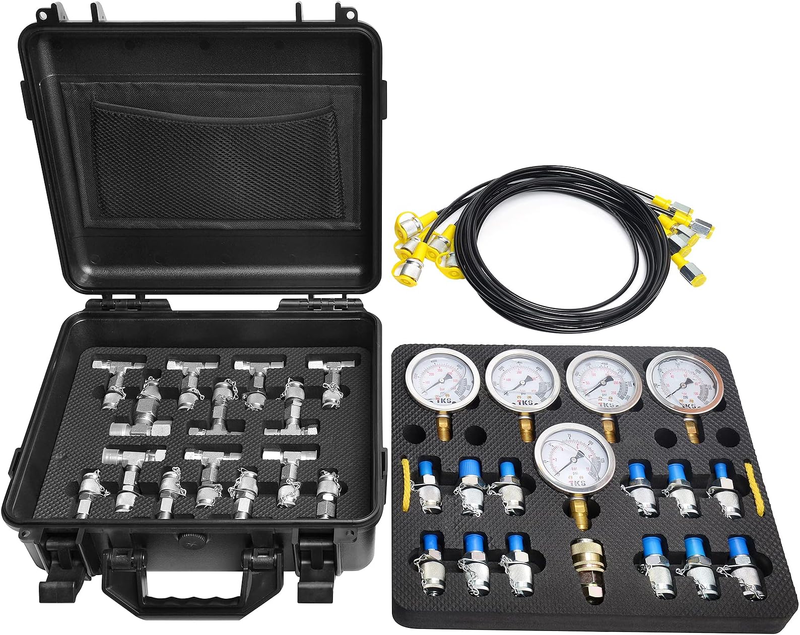 Hydraulic Pressure Test Kit with 5 Gauges (150/1500/3500/6000/9000 PSI) & 14 Tee Connectors, Hydraulic Pressure Gauge Set with 5 Test Hoses & 13 Couplings for Excavators.