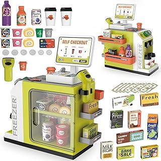 آلة تسجيل نقود ولعبة متجر تفاعلية للأطفال مع سكانر وآلة حاسبة تضم ماكينة تحضير القهوة وبطاقة ائتمان ونقود وأطعمة للعب التخيلي مناسبة للأولاد والبنات من عمر 3 سنوات فما فوق من واسايكا